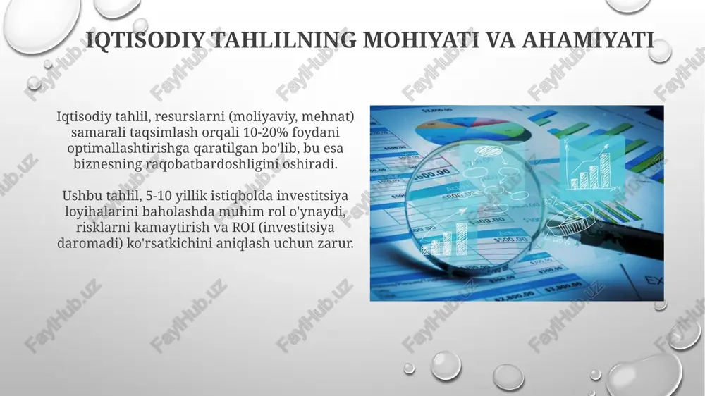 uvlar va eksperimentlar qo'llaniladi, bu esa 70% gacha aniq va ishonchli natijalarni ta'minlaydi, lekin 20% xatolik ehtimolini hisobga olish lozim. ikkilamchi ma'lumotlar, masalan, 2022-yilgi statistika hisobotlari, ochiq manbalardan olinadi va tahlilga 60% gacha tezkorlik beradi, lekin ma'lumotlarning dolzarbligi 10% kamayishi mumkin. tahliliy hisobotni shakllantirish tahliliy hisobotda, 1-jadval va diagrammalar kabi vizual ma'lumotlar bilan birga, asosiy ko'rsatkichlarning 3 yillik tendensiyalari tahlilini aks ettirish muhimdir. bu tahlilga aniqlik kiritadi. hisobotda 5 ta asosiy moliyaviy ko'rsatkichlar (rentabellik, likvidlilik, moliyaviy barqarorlik, aylanma va bozor faolligi) bo'yicha tahlilga alohida e'tibor qaratiladi, ularning 2 xil davrdagi o'zgarishlari sabablari ko'rsatiladi. analitik guruhni tashkil etish analitik guruh tarkibiga iqtisodchi, statistik va it mutaxassislarini kiritish, ma'lumotlarni yig'ish, tahlil qilish va vizualizatsiya uchun zarur 3 ta ko'nikmani ta'minlaydi. guruh rahbari aniq maqsadlarni belgilaydi, vazifalarni taqsimlaydi va analitik jarayonning 4 ta asosiy bosqichi (rejalashtirish, ma'lumot yig'ish, tahlil, xulosa) muvofiqligini ta'minlaydi. analitik ish uchun zarur resurslar analitik ish uchun zarur resurslar orasida …