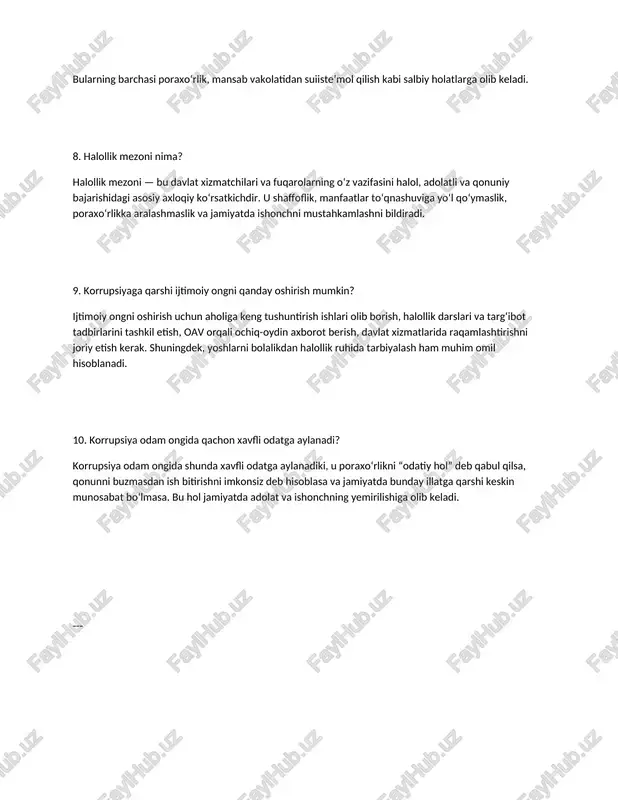 tda adolat va ishonchning yemirilishiga olib keladi. --- 1. jismoniy va (yoki) ruhiy rivojlanishida nuqsonlari boʻlgan bola – bu jismoniy, aqliy, sensor yoki ruhiy rivojlanishida muammolari bor, maxsus ta’lim yoki reabilitatsiyaga muhtoj bola. 2. bmtning bola huquqlari toʻgʻrisidagi konvensiyasi boʻyicha – 18 yoshga toʻlmagan shaxs bola hisoblanadi. 3. “muruvvat” internat uylarida pensiya yoki nafaqa – vasiylikka olingan shaxslarga pension/nofa qa toʻlovlarining 100 % emas, balki 70 % qismi toʻlanadi (qolgan qismi internat xarajatiga yoʻnaltiriladi). 4. “gʻamxoʻrlik” guruhlariga qabul yoshi – bolalar odatda 3 yoshdan boshlab qabul qilinadi. 5. inklyuziv taʼlimning maqsadi – nogironligi yoki rivojlanishida nuqsonlari boʻlgan bolalarni sogʻlom tengdoshlari bilan birgalikda taʼlim olishini taʼminlash. 6. koʻrishida nuqsoni boʻlganlar taʼlimi – ular braille alifbosi, audio-darslar, maxsus texnologiyalar va tiflotexnika vositalari yordamida taʼlim oladilar. 7. reabilitatsiya dasturi kim tomonidan ishlab chiqiladi? – tibbiy-mehnat ekspert komissiyasi (tmek) va sogʻliqni saqlash tizimidagi mutaxassislar tomonidan. 8. tibbiy reabilitatsiya – bu nogiron shaxsning sogʻligini tiklashga …