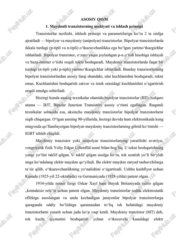 uk britaniyada ixtiro qilgan „kontaktsiz rele“si uchun patent olgan. maydoniy tranzistorlar sodda elektrostatik effektga asoslangan va unda kechadigan jarayonlar bipolyar tranzistorlarga qaraganda oddiy boʻlishiga qaramasdan toʻliq ish holatidagi maydoniy tranzistorlarni yasash uchun juda koʻp vaqt ketdi. maydoniy tranzistor (mt) deb, tok kuchi qiymatini boshqarish ychun o‘tkazuvchi kanaldagi elektr o‘tkazuvchanligikni o‘zgartirish hisobiga elektr maydon o‘zgarishi bilan boshqariladigan yarim o‘tkazgichli aktiv asbobga aytiladi. maydoniy tranzistorlar turli elektr signallar va quvvatni kuchaytirish uchun mo‘ljallangan. maydoniy tranzistorlarda bipolyar tranzistorlardan farqli ravishda tok tashkil bo‘lishida faqat bir turdagi zaryad tashuvchilar ishtirok etadi: yoki elektronlar, yoki kovaklar. shuning uchun ular yana unipolyar tranzistorlar deb ham ataladi. maydoniy tranzistorlarning tuzilishi va kanal o‘tkazuvchanligiga ko‘ra ikki turi mavjud: p–n o‘tish bilan boshqariladigan maydoniy tranzistor hamda metall – dielektrik – yarim o‘tkazgichli (mdya) tuzilishga ega bo‘lgan zatvori izolyatsiyalangan maydoniy tranzistorlar. ular mdya - tranzistorlar deb ham ataladilar. p–n o‘tish bilan boshqariladigan maydoniy tranzistor. 1 – rasmda n–kanalli p–n o‘tish …