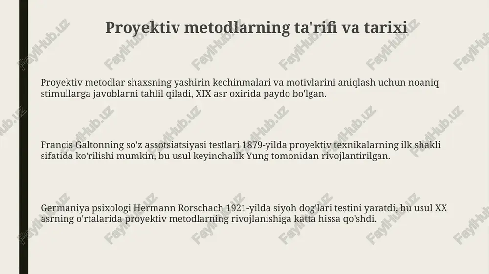 elajagi va xulosa kelajakda proyektiv metodlar neyrofan va sun'iy intellekt bilan integratsiyalashishi mumkin, bu esa test natijalarini 25% aniqroq va tezroq tahlil qilishga yordam beradi. proyektiv testlarning kelajagi ularning psixologik baholashda 30% gacha ko'proq individualizatsiya qilingan va moslashtirilgan formatlarga o'tishi bilan bog'liq. xulosa qilib aytganda, proyektiv metodlar 21-asrda diagnostika uchun qimmatli, ammo ularning ishonchliligi 10% yaxshilanishi uchun yangi tadqiqotlar zarur. e'tiboringiz uchun rahmat