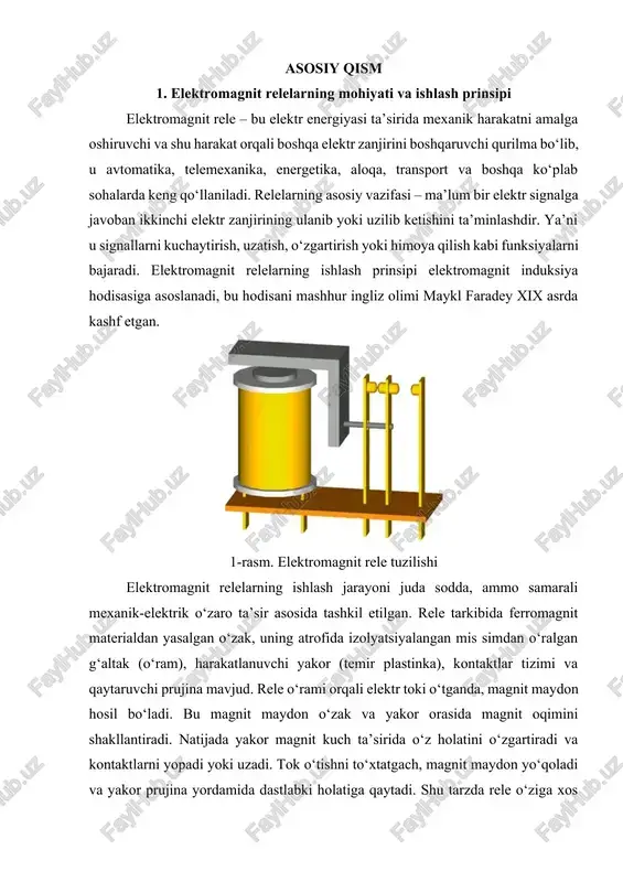 orqali boshqaruv jarayonini amalga oshiradi. elektromagnit relelarning ishlashida muhim parametrlar mavjud: ishga tushish kuchlanishi, qo‘yish toki, ajratilish toki, kechikish vaqti, o‘rnatish kuchi, kontaktlarning qarshiligi va xizmat muddati. rele ishonchliligi, sezuvchanligi va tezkorligi bu parametrlar orqali belgilanadi. relelar har xil elektr sharoitlarida, masalan, doimiy yoki o‘zgaruvchan tokda ishlashi mumkin. doimiy tokli relelarda magnit maydon yo‘nalishi o‘zgarmaydi, shuning uchun ular barqaror ishlaydi. o‘zgaruvchan tokli relelarda esa magnit oqimi yo‘nalishi doim o‘zgarib turadi, bu esa yakor tebranishiga sabab bo‘lishi mumkin. buni kamaytirish uchun o‘zaklar orasiga qisqa tutashgan halqalar (demfer halqalar) o‘rnatiladi. elektromagnit relelarning afzalliklaridan biri shundaki, ular elektr signallarni juda past quvvatda boshqarib, nisbatan katta yuklamalarni ulay oladi. bu xususiyat ularni elektr avtomatika tizimlarida keng qo‘llash imkonini beradi. shuningdek, relelarning oson sozlanishi, arzonligi, mexanik mustahkamligi, uzoq muddatli ishlashi ularni boshqa boshqaruv elementlaridan ustun qiladi. biroq relelarning ayrim kamchiliklari ham mavjud: mexanik qismlarning eskirishi, kontaktlarning oksidlanishi, yuqori tezlikda ishlash imkoniyatining cheklanganligi. shu sababli zamonaviy …