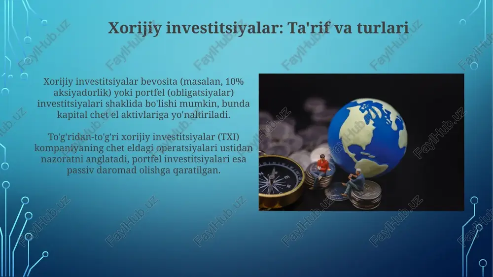 al etish yo'llari huquqiy noaniqlik va korrupsiya xorijiy investorlar uchun katta to'siq bo'lib, investitsiya shartnomalarini himoya qilish va shaffoflikni oshirish orqali kamaytirilishi mumkin. infratuzilma yetishmasligi va malakali ishchi kuchi tanqisligi investitsiya loyihalarini qiyinlashtiradi, ta'limni rivojlantirish va infratuzilma loyihalariga sarmoya kiritish orqali bartaraf etiladi. o'zbekiston iqtisodiyotiga xorijiy investitsiyalarning roli o'zbekiston iqtisodiyotida xorijiy investitsiyalar muhim rol o'ynaydi, chunki ular yangi texnologiyalarni olib keladi, ishlab chiqarish samaradorligini oshiradi va yalpi ichki mahsulot (yaim) o'sishini rag'batlantiradi. to'g'ridan-to'g'ri xorijiy investitsiyalar (txi) o'zbekistonda ko'plab ish o'rinlarini yaratishga yordam beradi, ayniqsa sanoat, qurilish va xizmat ko'rsatish sohalarida bandlikni oshiradi va ijtimoiy barqarorlikni ta'minlaydi. xorijiy investitsiyalarning mintaqaviy integratsiyaga ta'siri xorijiy investitsiyalar mintaqaviy savdo bitimlarini (masalan, 30% tarif kamayishi) rag'batlantiradi, a'zo davlatlar o'rtasida ishlab chiqarishni optimallashtirishga yordam beradi. xorijiy investitsiyalar infratuzilma loyihalarini (transport koridorlari kabi) moliyalashtirib, mintaqaviy bog'liqlikni oshiradi va transchegaraviy savdoni 25% ga tezlashtiradi. xorijiy investitsiyalarning global qiymat zanjirlaridagi o'rni xorijiy investitsiyalar global qiymat zanjirlarida (gqqz) innovatsiyalar va …
