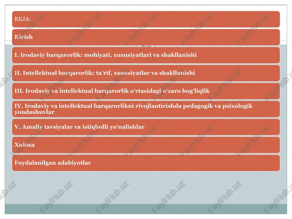 ko‘rsatadi. qo‘llab-quvvatlash va motivatsion muhit iroda rivojlanishida muhimdir. ta’lim va o‘qitish: ta’lim jarayonida irodani shakllantirishga qaratilgan metod va usullar qo‘llaniladi. iroda- arabcha xohish, istak degan ma'noni anglatadi. iroda odamning o'z faoliyati va psixik jarayonlarini o'zi boshqarishda namoyon bo'ladigan qobiliayat. inson irodaviy harakatini amalga oshirar ekan, o'ziga hukmron ehtiyoj va xohishlariga qarshi turadi. inson faoliyatining barcha turlari va har qanday mehnat kishidan mustahkam irodani talab qiladi. iroda haqida tushuncha irodaning muhim sifatlari: - o'zini tuta bilish; - dadillik; - qat'iylik; - chidam; -toqat; - prinsipiallik; -mustaqillik har qanday harakat yoki faoliyatning irodaviy xususiyati shundan iboratki, muayyan shaxs aynan iroda orqali mavqega erishish uchun tashqi yoki ichki to'siqlarni , qiyinchiliklarni yengib o'tishi lozim. odamlarda irodaning qay darajada ekanligi maqsadni qay darajada ro'yobga chiqarishida ko'rinadi. irodaning tadqiqoti uzoq tarixga ega bo’lib, u inson ongining mohiyatini kashf qilishdan boshlanib, muayyan bilimlar to’planishi tufayli shaxsning irodasi tabiatini tushunishga ilmiy yondashuv vujudga kelgan davrgacha bo’lgan tarixiy …