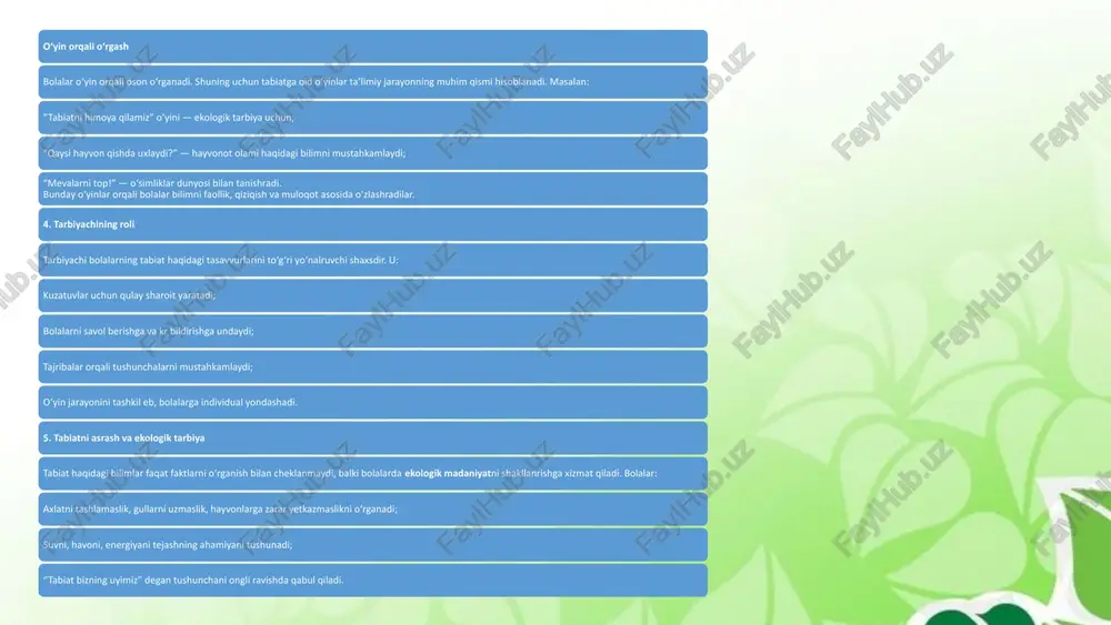 biliyatlarini rivojlantirishga qaratilgan. 1 “qaysi daraxtning bargi?” bolalar barglarni daraxtlar bilan moslashtiradi. 2 “kimning izi?” hayvonlarning izlari tasvirlangan kartochkalarni ularning nomlari bilan bog'lash. 3 “qayerda o'sadi?” o'simliklarni ularning o'sish joylari (o'rmon, dala, bog') bilan taqqoslash. 9 o'yin turlari: harakatli o'yinlar bu o'yinlar bolalarning jismoniy faolligini oshiradi va tabiatdagi jarayonlarni taqlid qilishga yordam beradi. “qushlar va mushuk” bolalar qushlar rolini o'ynaydi, bitta bola esa mushuk bo'ladi. qushlar uchib yuradi, mushuk ularni tutishga harakat qiladi. “yomg'ir va quyosh” quyosh chiqqanda bolalar yuguradi, yomg'ir yog'ganda esa soyabon ostiga (belgilangan joyga) yashirinadi. 10 o'yin turlari: syujetli-roll o'yinlar syujetli-rolli o'yinlar orqali bolalar tabiatdagi turli vaziyatlarni modellashtiradi. “bog'bonlar” bolalar o'simliklarni ekish, parvarish qilish va sug'orish rollarini bajaradi. “hayvonot shifoxonasi” jarohatlangan hayvonlarni davolash va ularga g'amxo'rlik qilish. “o'rmon qo'riqchilari” o'rmonni himoya qilish, axlatni yig'ish va tabiat qoidalariga rioya qilish. 11 o'yinlarni tashkil etish tamoyillari samarali o'yin jarayonini ta'minlash uchun quyidagi tamoyillarga amal qilish lozim: 1 xavfsizlik o'yin …