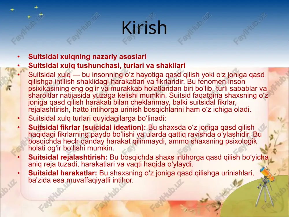 illarni aniqlash imkonini beradi. motivlar – bu shaxsning xatti-harakatlarini boshqaruvchi ichki yoki tashqi sabablar bo‘lib, suitsidal xulq uchun ham bir nechta turdagi motivlar mavjud. ichki motivlar ichki motivlar asosan insonning ichki ruhiy holatidan kelib chiqadi va psixologik jarayonlar bilan chambarchas bog‘liqdir. ruhiy og‘riq va azob ko‘p hollarda suitsidal xulqning asosiy sababi sifatida ruhiy og‘riq yoki psixologik azob qabul qilinadi. bu og‘riq ko‘pincha chuqur qayg‘u, umidsizlik, noxush voqealar, ichki ziddiyatlar natijasida yuzaga keladi. shneidman “ruhmiy azob” atamasini kiritgan bo‘lib, uning ta’rifiga ko‘ra, suitsid aynan bu azobni to‘xtatish vositasi sifatida yuzaga keladi. odamlar ko‘pincha ushbu azobdan qutulish uchun o‘z hayotlarini tugatishga intilishadi. umidsizlik va depressiya suitsidal xulq ko‘pincha depressiya bilan chambarchas bog‘liq. depressiv holatda odam o‘zining kelajagi haqida umidsiz bo‘lib, hayotdagi qiyinchiliklarni yengib o‘tishga kuchi qolmaydi. bu holat ichki dunyoqarashning salbiylashuvi va o‘zini qadrsiz his qilishni keltirib chiqaradi. umidsizlik shaxsda o‘z hayotining ma’nosizligini his qilishga olib kelib, suitsidal fikrlarning paydo bo‘lishiga sabab …