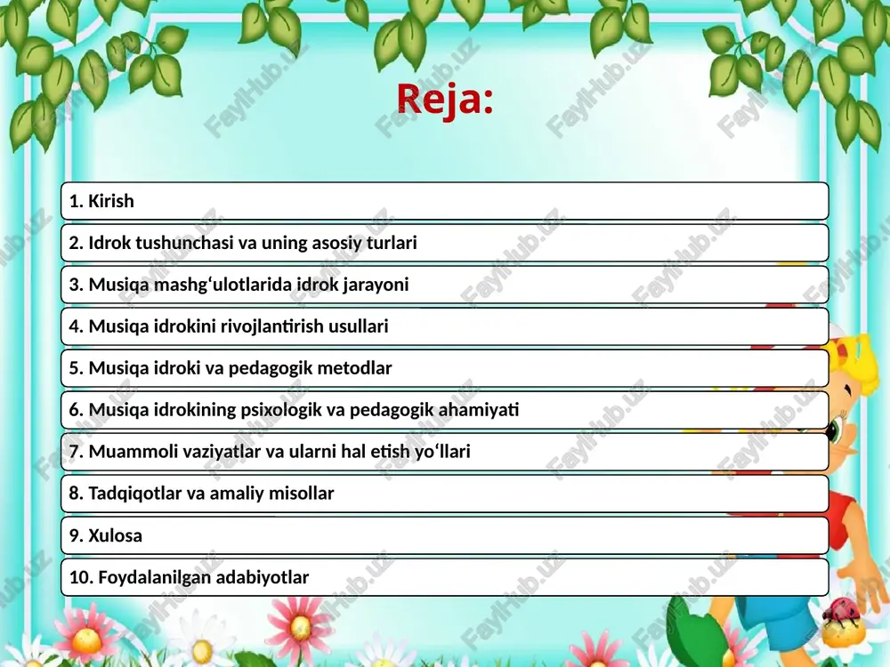 a erishishiga yordam beradi. ushbu ishning maqsadi — musiqa mashg‘ulotlarida idrok tushunchasini ochib berish, uning jarayonlarini tahlil qilish va idrokni rivojlantirish yo‘llarini aniqlashdir. shuningdek, musiqa pedagogikasida idrokning psixologik va pedagogik ahamiyatini yoritish ham asosiy vazifalardan biridir. idrok tushunchasi va uning asosiy turlari idrok tushunchasi idrok — bu insonning atrof-muhitdan kelayotgan ma’lumotlarni qabul qilib, ongda ma’noga aylantirish jarayonidir. psixologiyada idrok tashqi olamning ob’ektlari va hodisalarini sezish, ularni ongda qayta ishlash va anglash jarayoni sifatida talqin qilinadi. idrok inson faoliyatining barcha sohalarida muhim ahamiyatga ega bo‘lib, ta’lim, san’at, sport va boshqa ko‘plab sohalarda samarali faoliyat yuritishda asosiy psixik jarayonlardan biridir. musiqa idroki esa maxsus idrok turi bo‘lib, u musiqiy tovushlar, ritmlar, ohanglar va emotsiyalarni qabul qilish, qayta ishlash va anglashni o‘z ichiga oladi. musiqa idrokini shakllantirish o‘quvchilarga musiqa asarlarini to‘liqroq anglash, ijro etish va yaratishda yordam beradi. idrokning asosiy xususiyatlari idrok bir necha asosiy xususiyatlarga ega: faollik – idrok jarayoni passiv qabul …