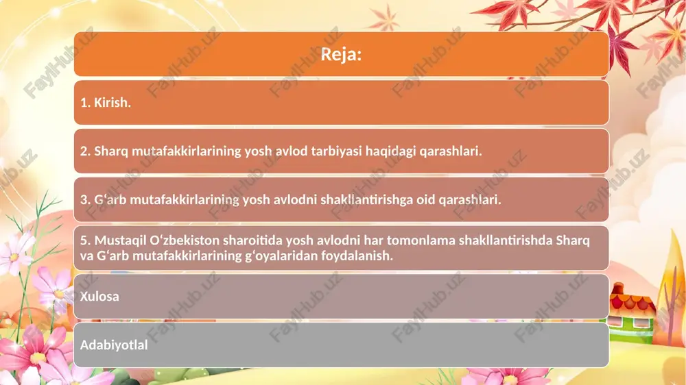 texnologik o‘zgarishlar inson tafakkurini yangi bosqichga olib chiqmoqda. shu bois har bir xalq o‘z milliy tarbiya konsepsiyasini yaratishda o‘z tarixiy merosiga — sharq allomalari merosiga, hamda umuminsoniy qadriyatlar manbai bo‘lgan g‘arb falsafasiga tayanadi. bu ikki yo‘nalish uyg‘unligida shaxsni har tomonlama kamolga yetkazishning eng samarali yo‘llari yuzaga chiqadi. sharq mutafakkirlari insonni komil qilish uchun avvalo uning axloqiy tarbiyasiga e’tibor berganlar. ularning fikricha, inson qalbi pok bo‘lsa, u ilmga ham, jamiyatga ham foydali bo‘ladi. forobiy “fozil shahar” g‘oyasida ideal jamiyatni ilm, adolat va axloq asosida qurish zarurligini aytadi. ibn sino esa ta’lim jarayonini inson tabiatiga moslashtirish, yoshning qobiliyatini hisobga olish zarurligini ta’kidlaydi. navoiy esa “mahbub ul-qulub” va “nasoyim ul-muhabbat” asarlarida insonning axloqiy yetukligi jamiyatning farovonligi bilan chambarchas bog‘liqligini ko‘rsatadi. demak, sharq tafakkurida tarbiya faqat o‘qitish emas, balki insonni ma’naviy shakllantirish jarayonidir. mustaqil o‘zbekiston sharoitida yosh avlodni har tomonlama shakllantirishda sharq va g‘arb mutafakkirlarining g‘oyalaridan foydalanish. g‘arb mutafakkirlari esa insonni aqliy faoliyat orqali …