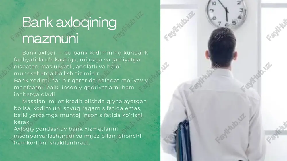 rning barcha xodimlari rioya etadigan odob-ahloqning asosiy etik me’yorlarini belgilab beradi. ushbu kodeks bandlarini bajarilishi, banklar va boshqa tashkilotlar, ularning mansabdor shaxslari va xodimlari tomonidan bank mijozlariga, shu jumladan kichik biznes va xususiy tadbirkorlik sub’ektlariga xizmat ko’rsatishda ishbilarmonlik va kasb odob-ahloqiga rioya etishlari, ularning kasbiy mahorati, shuningdek ular faoliyatining o’zbekiston respublikasi qonunchiligiga, hamda umumqabul qilingan odob-ahloq me’yorlariga muvofiqligining qo’shimcha isboti, garovi va ishonchliligi bo’lib xizmat qiladi. xulosa bankda axloqiylik — bu faqat qoidalar to‘plami emas, balki ichki madaniyat va professional yondashuvdir. har bir xodim halollik, mas’uliyat, hurmat va maxfiylik tamoyillariga amal qilsa, mijozlar bilan ishonchli munosabat o‘rnatiladi. bugungi kunda texnologiyalar tez rivojlanayotgan bo‘lsa-da, mijoz ishonchini faqat insoniy qadriyatlar bilan saqlab qolish mumkin. thank you very much! image9.svg image10.png image11.svg image12.png image13.svg image14.png image15.svg image16.png image17.svg image18.png image1.jpeg image19.svg image20.png image21.svg image22.png image23.svg image24.png image25.svg image26.png image27.svg image2.png image3.svg image4.png image5.svg image6.png image7.svg image8.png image28.png image29.jpeg image30.png image34.svg image35.png image31.png image36.svg …