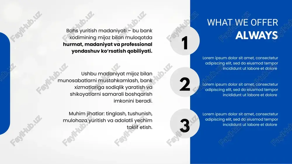 loqoti bankning obro‘siga salbiy ta’sir ko‘rsatishi mumkin. professional xodim: xotirjam, muloyim, empatiya bilan, murakkab vaziyatlarni tez va samarali hal qiladi. natija: mijoz bank xizmatidan qoniqadi, kelajakda sodiqlik va ijobiy word-of-mouth yuzaga keladi. 1 2 3 innovatsion yondashuvlar bank xodimining bahs yuritish madaniyatini zamonaviy texnologiyalar bilan qo‘llab-quvvatlash samaradorlikni oshiradi va mijoz tajribasini yaxshilaydi. innovatsion yondashuvlar mijoz bilan muloqotni tezlashtirish, xodimga real vaqtda ma’lumot berish va yechimlarni avtomatlashtirish imkonini beradi. crm tizimlari: chatbotlar mijoz tarixini saqlash va avvalgi shikoyatlar asosida tezkor yechim taklif qilish. tez-tez uchraydigan savollarga avtomatik javob berish, xodim vaqtini samarali ishlatish. innovatsion texnologiyalar va personalizatsiya natija: mijozga professional, shaxsiy yondashuv va tezkor xizmat, xodim uchun esa ish samaradorligi oshadi. zamonaviy texnologiyalar yordamida bahs yuritish jarayoni mijoz va bank manfaatlariga mos tarzda optimallashtiriladi. ai va data analytics: mijozning xatti-harakatlarini tahlil qilish va yechimlarni personalizatsiya qilish. omnichannel yondashuv: telefon, internet banking, chat va ofis orqali mijoz bilan izchil va bir xilda …