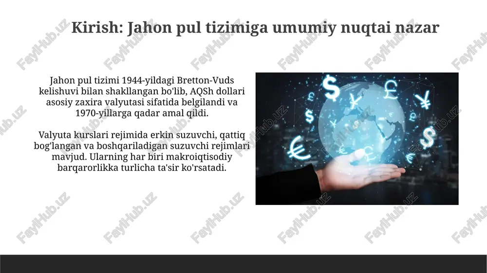 ligi bilan ajralib turadi, bu esa kapital oqimlari va valyuta kurslarining tebranishiga olib keladi. 1997-98 osiyo moliyaviy inqirozi bunga misoldir. xitoyning o'sib borayotgan ta'siri xitoyning bri (belt and road initiative) loyihasi orqali infratuzilmaga kiritgan trillionlab dollarlik investitsiyalari savdo yo'llarini o'zgartirib, boshqa davlatlarga iqtisodiy ta'sir o'tkazmoqda. xitoyning yaim hajmi 2023-yilda 17 trillion dollardan oshib, dunyo yaimining 18 foizini tashkil etdi, bu esa uning global iqtisodiy qaror qabul qilishdagi rolini oshiradi. kriptovalyutalar va raqamli valyutalar: imkoniyatlar va xavflar kriptovalyutalar tranzaktsiyalarni soddalashtirish orqali xalqaro savdoni tezlashtirishi mumkin, ammo narxlar o'zgaruvchanligi tufayli 24/7 savdo uchun risklarni oshiradi va spekulyativ xavflarni keltirib chiqaradi. raqamli valyutalar, ayniqsa markaziy banklar tomonidan chiqarilgan cbdc, to'lov tizimini modernizatsiya qilishi, moliyaviy inklyuziyani oshirishi, lekin markazlashtirilgan nazorat tufayli shaxsiy maxfiylik masalalarini o'rtaga tashlaydi. kelajak istiqbollari: tendentsiyalar va muammolar kelajakda markaziy banklarning raqamli valyutalari (cbdc) keng tarqalishi kutilmoqda, bu esa to'lov tizimlarini o'zgartirib, moliyaviy inklyuzivlikni oshirishi va pul siyosatining samaradorligini yaxshilashi mumkin. …