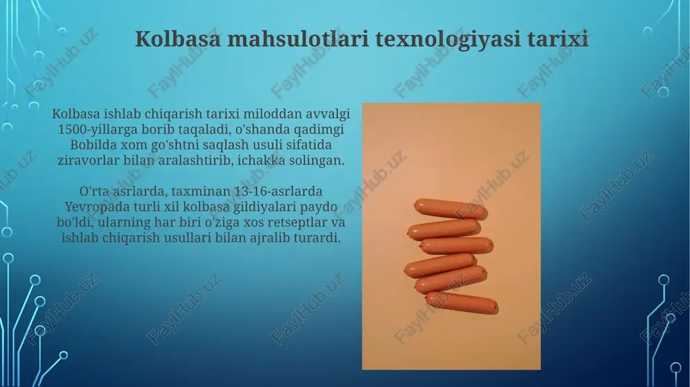 uning oldini olish uchun yog'li va yog'siz go'sht nisbatini to'g'ri muvozanatlash lozim. termik ishlov berish harorati 72°c dan past bo'lganda, mahsulot ichida patogen mikroorganizmlar rivojlanishi mumkin. haroratni nazorat qilish va pishirish vaqtini aniqlash muhim. qadoqlash vakuumli qadoqlash - kolbasa mahsulotlarining saqlash muddatini sezilarli darajada oshiradi, chunki u kislorod miqdorini kamaytiradi va aerob bakteriyalar o'sishini to'xtatadi, odatda 30-45 kun saqlash imkonini beradi. modifikatsiyalangan atmosfera qadoqlash (map) - bu kolbasa mahsulotlari uchun muhit gaz tarkibini o'zgartirish orqali yaroqlilik muddatini uzaytirish usuli bo'lib, odatda 60-75% azot va 25-40% karbonat angidrid ishlatiladi. mahsulot assortimenti kolbasa mahsulotlari assortimenti 200 dan ortiq turdagi mahsulotlarni o'z ichiga oladi, ular tarkibi, texnologiyasi va organoleptik xususiyatlariga ko'ra farqlanadi. go'sht tarkibiga ko'ra assortimentga mol go'shti, cho'chqa go'shti, parranda go'shti va aralash go'shtli 15% yog'li kolbasalar kiradi. texnologik jihozlar go'sht maydalagichlar 3 mm dan 25 mm gacha bo'lgan teshiklari bo'lgan turli xil panjaralar bilan jihozlangan bo'lib, go'shtning kerakli tuzilishiga erishish imkonini …