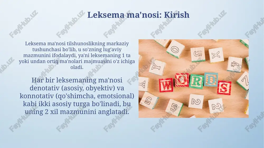 leksemaning uslubiy bo'yog'ini, 7 xil hissiy notalarini va ijtimoiy aloqalarini aniqlashga yordam beradi, 'qo'rqinchli' so'zi do'stona hazilda boshqacha ma'noga ega. polisemantik leksemalar polisemantik leksemalar 1 dan ortiq ma'noga ega, lekin bu ma'nolar o'rtasida tarixiy yoki mantiqiy bog'liqlik mavjud. masalan, 'oyoq' so'zi insonning tana qismi va mebelning tayanchi sifatida ishlatilishi mumkin. polisemantik leksemalarning ma'nolari 2 ta asosiy usulda farqlanadi: metafora va metonimiya. metafora o'xshashlik asosida ma'no ko'chirish bo'lsa, metonimiya esa yaqinlik asosida ma'no ko'chirishdir. omonimlar omonimlar bir xil imlosi va talaffuzga ega bo'lgan, lekin 2 yoki undan ortiq mutlaqo aloqasi bo'lmagan leksik ma'nolarni ifodalovchi so'zlardir, masalan, 'ot' (hayvon) va 'ot' (fe'l). leksikologiyada 3 xil omonimlar ajratiladi: omoformalar (grammatik shakllari mos keladi), omograflar (imlosida bir xil, talaffuzida farq qiladi) va to'liq omonimlar (barcha shakllari mos keladi). sinonimlar sinonimlar bir xil yoki deyarli bir xil ma'noga ega bo'lgan, ammo shakli har xil bo'lgan 2 yoki undan ortiq leksik birliklardir, masalan, "katta" va "ulkan". …