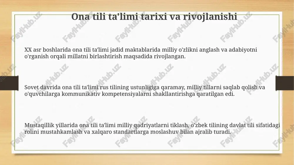 yordam beradi. ona tili bo'yicha baholash usullari va mezonlari baholash mezonlari 5 ta asosiy ko'nikmani qamrab oladi: tinglash (20%), gapirish (25%), o'qish (25%), yozish (20%) va til bilimini (10%) aniqlash uchun mo'ljallangan. formativ baholash o'quvchilarning o'zlashtirish darajasini aniqlash uchun suhbatlar, kuzatuvlar va qisqa testlar kabi norasmiy usullardan foydalanadi, yakuniy baholash esa 90 daqiqalik imtihonlardan iborat. rubrikalar o'quvchilarning yozma ishlarida (insholar, hikoyalar) 4 ta asosiy jihatni: mazmun, tuzilish, til boyligi va grammatik to'g'rilikni 5 ballik shkala bo'yicha baholashga yordam beradi. ona tili darslari uchun o'quv materiallari tahlili o'quv materiallarining 70% qismi mahalliy madaniyat va an'analarga oid bo'lishi, 30% qismi esa zamonaviy hayot bilan bog'liq bo'lishi ta'minlanishi kerak. ona tili darsliklari tahlili davomida so'z boyligi va grammatik tuzilmalar 3000 ta so'z doirasida bo'lishi, mavzular esa o'quvchilarning yoshiga mosligini aniqlash muhim. o'quv materiallarida 5 xil matn turi (hikoya, she'r, maqola, dramatik asar, suhbat) bo'lishi va har bir matn turiga kamida 2 ta misol …