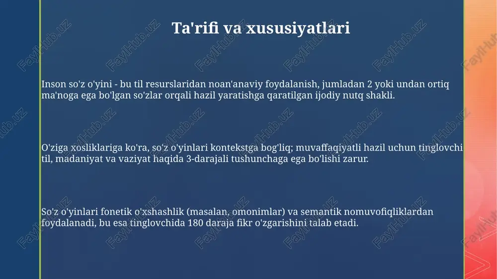 saqlab qolish muhim. tarjimada 3) asosiy muammo so'z o'yinining tuzilishini va ma'nosini bir vaqtning o'zida saqlab qolishdir. 4) masalan, omonimlarni tarjima qilish juda murakkab. so'z o'yinlari 5) ironiya va kinoyani o'z ichiga olganligi sababli, tarjimada 6) bu nozik ma'nolarni to'g'ri ifodalash qiyin. 7) ma'noni yo'qotmaslik uchun kontekstni hisobga olish kerak. e'tiboringiz uchun rahmat image2.png image3.png