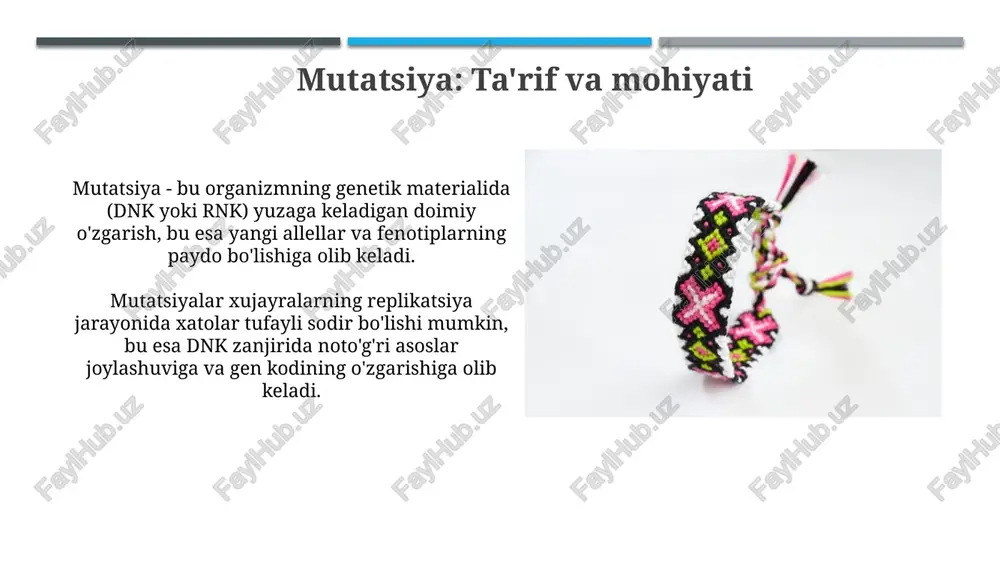 maydi, chunki ular gen mahsulotining funksiyasini oʻzgartirmaydi yoki funksional boʻlmagan hududlarda sodir boʻladi. kodon degeneratsiyasi tufayli 64 ta kodonning koʻplari bir xil aminokislotani kodlaydi; shuning uchun, mutatsiya dnk ketma-ketligini oʻzgartirsa ham, 1 ta oqsil tarkibi oʻzgarmaydi. genetik kasalliklar o'roqsimon hujayrali anemiya - bu bitta nukleotid mutatsiyasi natijasida kelib chiqadigan genetik kasallik bo'lib, gemoglobin molekulalarida o'zgarishlar yuzaga keladi va qizil qon hujayralarining shakliga ta'sir qiladi. kistik fibroz - bu cftr genidagi mutatsiyalar natijasida kelib chiqadigan nasliy kasallik bo'lib, bu organizmdagi shilimshiq, ter va hazm qilish suvi ishlab chiqarishiga ta'sir qiladi. mutatsiyaning evolyutsiyadagi roli mutatsiyalar evolyutsion o'zgarishlarning asosiy manbai bo'lib, yangi allellarni kiritadi; ularning 0.1% dan kami populyatsiyada foydali bo'lishi mumkin va tabiiy tanlanish orqali tarqaladi. foydali mutatsiyalar organizmlarga o'z muhitiga moslashishga yordam beradi; masalan, 1960-yillarda hasharotlarda ddt ga qarshilik mutatsiyasi evolyutsiyaga turtki berdi. mutatsiya tezligi gendagi mutatsiya tezligi odatda juda past bo'ladi, odatda har bir gen uchun 100 000 dan 1 …