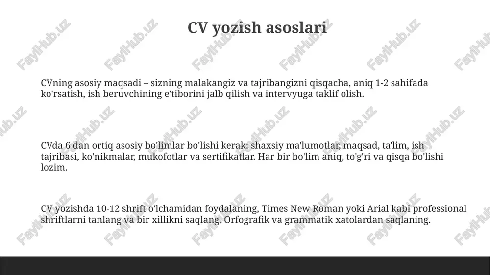 ga javob bering. 3 yillik ish tajribangizda, stressli vaziyatda vaziyatni qanday qilib hal qildingiz, oqibatlar qanday bo'ldi. savollar berish (sizning savollaringiz) savollar kompaniyaning 5 yillik strategiyasi yoki bo'limning keyingi chorakdagi maqsadlari kabi biznesga oid bo'lishi kerak, shaxsiy emas. intervyu oxirida 2-3 ta o'ylangan savol berish, kompaniyaning madaniyati, jamoa tuzilishi yoki kelajakdagi loyihalar haqida qiziqishingizni ko'rsatadi. lavozim talablari yoki kompaniyaning muvaffaqiyatini o'lchash uchun ishlatiladigan kpi (key performance indicators) kabi aniq savollarni berish tajribali nomzod ekanligingizni isbotlaydi. intervyu kiyimi va tashqi ko'rinish intervyu kiyimi professional bo'lishi kerak; konservativ kostyum (masalan, qora, to'q ko'k), oq ko'ylak va klassik galstuk (agar erkak bo'lsangiz) maqsadga muvofiq bo'ladi. kiyimingizni kamida 1 kun oldin tayyorlang. tashqi ko'rinishingizda gigiyenaga e'tibor bering: sochlar tartibli bo'lishi, tirnoqlar toza bo'lishi va xushbo'y hid sezilmasligi kerak (deodorantdan foydalaning, lekin atir emas). haddan tashqari zargarlik buyumlaridan saqlaning. minimal makiyaj tavsiya etiladi. poyafzalingiz toza va yaxshi holatda bo'lishi kerak. sport poyafzallari yoki sandal kabi …
