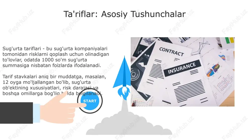 atlarini qoplash va investorlar uchun maqbul daromadni ta'minlash uchun zarur. foyda marjasini belgilashda sug'urta kompaniyasi risk darajasi, bozor raqobati va operatsion xarajatlarni hisobga oladi, yuqori xavfli sug'urta mahsulotlarida marja 15% gacha bo'lishi mumkin. 06 05 04 tariflarni tasdiqlash jarayoni 01 02 tariflarni tasdiqlash jarayoni odatda sug'urta nazorati organlari tomonidan amalga oshiriladi, ular tariflarning adolatli va 199-sonli qonunga muvofiq ekanligini tekshiradilar. sug'urta kompaniyalari tariflarini asoslash uchun aktuar hisobotlar, xarajatlar smetasi va 2023-yil uchun bozor tahlillari kabi hujjatlarni taqdim etishlari shart. qayta sug'urtalashning ta'siri qayta sug'urtalash sug'urta kompaniyalarining xavfni boshqarish imkoniyatlarini oshiradi, bu esa 10 million dollarlik yirik da'volarni qoplash orqali moliyaviy barqarorlikni saqlashga yordam beradi. qayta sug'urtalash tariflarga ta'sir qiladi; masalan, 20% qayta sug'urta qamroviga ega bo'lgan polislar dastlabki sug'urta mukofotini kamaytirishga olib kelishi mumkin. tariflarni monitoring qilish va qayta ko'rib chiqish tariflarni monitoring qilish har chorakda amalga oshirilishi mumkin, bu erda 10% dan ortiq o'zgarishlar bo'lsa, qayta ko'rib chiqish zarurati …