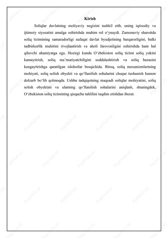 soliq bazasining aniq belgilanishi soliq hisob-kitoblarining shaffofligi va tushunarliligini ta'minlaydi. agar soliq bazasi noaniq bo'lsa, soliq to'lovchilarda norozilik va chalkashliklar paydo bo'lishi mumkin, bu esa soliq yig'ish jarayoniga salbiy ta'sir ko'rsatadi. soliq bazasini aniqlashda qonunchilikda belgilangan imtiyozlar, chegirmalar va tuzatishlar ham hisobga olinadi. 📋 soliqlar mohiyati va ahamiyati soliqlarning mohiyati, ularning ob'ekti, qo'llanilish sohasi va qisqacha tahliliy ma'lumotlar. [diagramma qo'shish xatosi: no elements provided] soliq stavkalari va ularning turlari soliq stavkasi soliq bazasiga nisbatan foiz yoki qat'iy belgilangan summa ko'rinishida ifodalanadi va soliqning miqdorini aniqlash uchun ishlatiladi. soliq stavkalari soliqning turiga, iqtisodiy vaziyatga va davlatning soliq siyosatiga qarab farq qilishi mumkin. o'zbekiston respublikasida soliq stavkalari soliq kodeksi va boshqa normativ-huquqiy hujjatlar bilan belgilanadi. soliq stavkalari davlat byudjetining daromad qismini rejalashtirish va iqtisodiyotni tartibga solishda muhim rol o'ynaydi. soliq stavkalari turlari bo'yicha bir nechta asosiy guruhlarga bo'linadi: progressiv, regressiv va proportsional. progressiv stavka soliq bazasi oshishi bilan ortib boradi (masalan, yuqori …