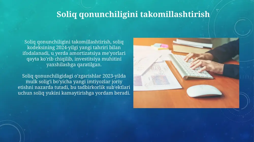 oizga kamaytirish maqsad qilingan. soliq xizmati xodimlarining daromadlari deklaratsiyasi majburiy ekanligi va ularning mol-mulki 2024-yildan boshlab har yili mustaqil auditorlar tomonidan tekshirilishi korrupsiyani oldini oladi. soliq siyosatini takomillashtirish soliq siyosatini takomillashtirishda davlat 5 yillik strategiyani ishlab chiqishi lozim, bunda yimning 25 foizini soliq tushumlari tashkil etishi maqsad qilinadi, demografik o'sish hisobga olinadi. soliq siyosatini takomillashtirishda 3 yillik soliq imtiyozlari samaradorligini baholash mexanizmini joriy etish lozim, bu imtiyozlar orqali budjetga tushumlar kamayishining oldini oladi. soliq bazasini kengaytirish soliq bazasini kengaytirish yangi bizneslarni rag'batlantirish orqali amalga oshiriladi, bu esa 20% ko'proq soliq to'lovchilar va kamida 15 milliard so'm qo'shimcha tushumni ta'minlaydi. iqtisodiyotning norasmiy sektorini legallashtirish orqali soliq bazasini 10% ga kengaytirish mumkin, bunda ro'yxatdan o'tgan tadbirkorlar soni 5000 taga yetishi kutilmoqda. e'tiboringiz uchun rahmat image3.png image4.jpg image5.jpg image6.jpg image7.jpg image8.jpg image9.jpg image10.jpg image11.jpg image12.jpg image13.jpg image14.jpg