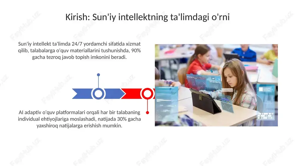 a ai case study 1: ai dan foydalangan holda tadqiqot loyihasi guruh talabalari ai yordamida 100 dan ortiq ilmiy maqolalar va ma'lumotlar to'plamlarini topdilar, bu esa an'anaviy qidiruv usullaridan 50% tezroq natija berdi. loyiha uchun talabalar 'scholarcy' kabi ai vositalaridan foydalanib, manbalarning ishonchliligini baholadilar va 95% aniqlik bilan noto'g'ri ma'lumotlarni aniqladilar. case study 2: ai vositalari orqali manba tekshiruvi ai vositalari, masalan, "snopes" va "politifact" kabi faktlarni tekshirish platformalari orqali noto'g'ri ma'lumotlarni aniqlashda 95% aniqlikka erishishi mumkin, bu manba ishonchliligini oshiradi. "retraction watch" ma'lumotlar bazasini ai tahlil qilishi orqali ilmiy maqolalarning 70% da xatoliklar topilganligi aniqlangan, bu esa manbalarni tekshirish zarurligini ko'rsatadi. ai yordamida tanqidiy fikrlashni rivojlantirish ai algoritmlari turli xil nuqtai nazarlarni taqdim etishi mumkin, bu talabalarga 360 daraja tahlil qilishga va bir tomonlama qarashlardan qochishga yordam beradi. ai yordamida talabalar murakkab ma'lumotlarni tahlil qilish orqali xulosalar chiqarish qobiliyatini rivojlantiradilar, bu ularga 5w1h savollariga javob topishga yordam beradi. ta'limdagi …