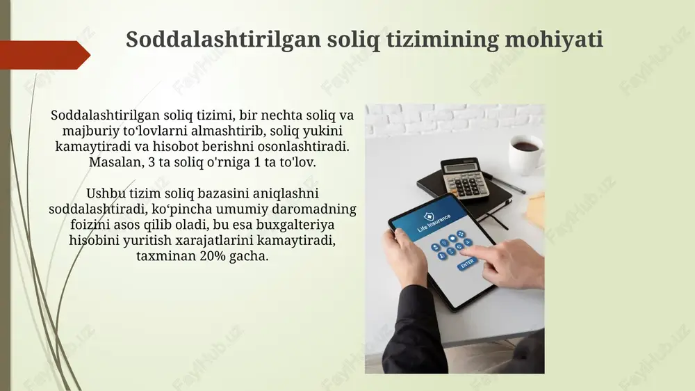 ashtiradi. soliq nazorati soliq nazorati soliq qonunchiligiga rioya etilishini, hisobga olishning toʻgʻriligini tekshiradi va bu jarayonda kamomadlar aniqlansa, jarima qoʻllanilishi mumkin. soliq nazoratining shakllari kameral tekshiruvlar, joyida tekshiruvlar va boshqa soliq organlari tomonidan amalga oshiriladigan nazorat tadbirlarini oʻz ichiga oladi. oʻtish davri masalalari yagona soliq toʻloviga oʻtish davrida soliq imtiyozlari bekor qilinishi munosabati bilan 2024-yilgacha ilgari olingan imtiyozlar boʻyicha soliq majburiyatlari saqlanib qolishi mumkin. oʻtish davrida yagona soliq toʻlovini toʻlash tartibiga moslashish uchun 6 oy davomida soliq toʻlovchilarga konsalting xizmatlari bepul taqdim etiladi. bu xizmatlar 2025-yil 1-yanvargacha amal qiladi. qonunchilik asoslari o'zbekiston respublikasining soliq kodeksi (sk) yagona soliq toʻlovi (yst)ni tartibga soluvchi asosiy qonun hujjatidir. skning tegishli boblari ystni belgilaydi va hisoblash tartibini oʻrnatadi. prezidentning qarorlari va farmonlari yst stavkalari, imtiyozlari va toʻlash muddatlariga oʻzgartirishlar kiritishi mumkin. 2024-yilgi qarorlar misol boʻlib, ayrim faoliyat turlari boʻyicha yst stavkalarini oʻzgartirgan. misollar va amaliy holatlar misol: savdo shoxobchasi 100 million so'm daromad ko'rsa, …