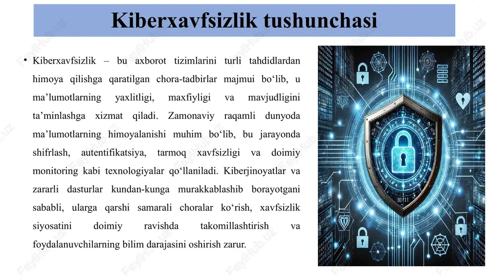 chora-tadbirlar belgilangan. axborot xavfsizligi to‘g‘risidagi qonunlar ma’lumotlarning maxfiyligi, butunligi va mavjudligini ta’minlashga yo‘naltirilgan. milliy xavfsizlik chora-tadbirlari esa kiberjinoyatlarga qarshi kurashish, hujumlarni oldini olish va fuqarolarni kiber tahdidlardan himoya qilishni o‘z ichiga oladi. kiberxavfsizlikni yanada takomillashtirish yo‘llari kiberxavfsizlikni yanada takomillashtirish uchun zamonaviy texnologiyalarni joriy etish muhim ahamiyatga ega. sun’iy intellekt va blokcheyn kabi innovatsion yechimlar axborot tizimlarini yanada mustahkam himoyalash imkonini beradi. shuningdek, sohada yetuk mutaxassislarni tayyorlash va kiberxavfsizlik bo‘yicha maxsus kurslar tashkil etish muhim strategiyalardan biridir. ommaviy axborot vositalari va ta’lim muassasalari orqali jamoatchilik xabardorligini oshirish esa kiberjinoyatlarga qarshi kurashishda samarali vositalardan biri hisoblanadi. xulosa kiberxavfsizlik zamonaviy axborot texnologiyalari rivojlanishi bilan tobora dolzarb masalaga aylanmoqda. axborot tizimlari va ma’lumotlarni himoya qilish nafaqat davlat va yirik tashkilotlar, balki har bir inson uchun ham muhim hisoblanadi. bugungi kunda fishing, ransomware, ddos hujumlari kabi kiberjinoyatlar ko‘payib bormoqda, bu esa mustahkam xavfsizlik siyosatini shakllantirishni talab qiladi. o‘zbekistonda kiberxavfsizlikni ta’minlash uchun "raqamli o‘zbekiston – 2030" …