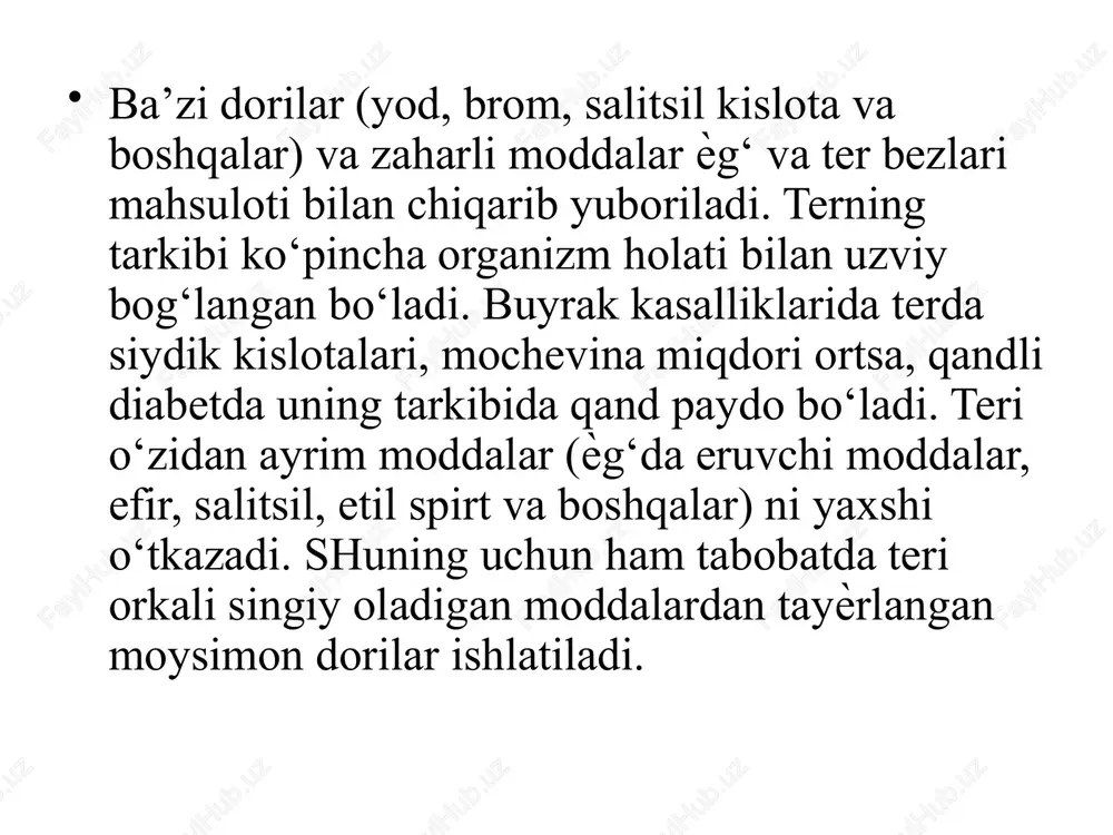 o‘rinadi va yadro tutmagan, sitoplazmasi oqsil modda — eleidin bilan to‘lgan 3—4 qavat yassi hujayralardan iborat. eleidin yaxshi bo‘yalmaydi, lekin kuchli nur sindirish xususiyatiga ega. qalinligi terining turli sohalarida har xil bo‘ladi. kaft, tovon terilarida bu qavat qalin bo‘lsa, tananing ѐn sathida, ayniqsa qovoqlar va erkaklar tashqi jinsiy a’zolari terilarida anchagina yupqadir. bu qavat yadrosiz, bir necha o‘n qavat muguz tangachalardan tashkil topgan. bu tangachalar muguz modda (keratin) va havo pufakchalari tutadi. derma qavat so‘rg‘ichli qavat bevosita epidermis ostida joylashib, siyrak tolali shakllanmagan biriktiruvchi to‘qimadan tashkil topgan. shu biriktiruvchi to‘qima epidermisga botib kirib, so‘rg‘ichlar hosil qiladi. so‘rg‘ichlar shakli va kattaligi terining turli zonalarida har xil bo‘ladi. terining so‘rg‘ichli qavati barmoqlar terisi sathida har bir shaxsga xos bo‘lgan individual ko‘rinishlarni belgilab beradi. terining bu ko‘rinishi har bir odamning o‘ziga xos bo‘lganligidan sud tibbiѐtida va kriminalistika amaliѐtida barmoq izlariga qarab shaxsni aniqlashda — daktiloskopiyada keng qo‘llaniladi. derma qavat dermaning to’r qavati zich …
