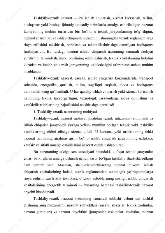 hnat madaniyati, texnik vositalarga bo‘lgan munosabati, yo‘riqnomalarga amal qilishi va ishlab chiqarish madaniyatiga rioya etish darajasi ham tashkiliy-texnik nazoratning diqqat markazida bo‘ladi. 3. tashkiliy-texnik nazoratning asosiy vazifalari tashkiliy-texnik nazoratning vazifalari ko‘p qirrali bo‘lib, ular quyidagi yo‘nalishlarni qamrab oladi: ishlab chiqarish texnologiyasiga qat’iy rioya etilishini nazorat qilish; texnik vositalar va uskunalarning soz holatda bo‘lishini ta’minlash; texnologik xavfsizlik va mehnat muhofazasini saqlash; ishlab chiqarish jarayonidagi texnik o‘zgarishlar, modernizatsiya va rekonstruksiya jarayonlarining sifatini kuzatish; ishlab chiqarish resurslaridan oqilona foydalanish, energiya tejovchi texnologiyalarni nazorat qilish; texnik xizmat ko‘rsatish rejalariga rioya etilishini tekshirish; ishlab chiqarishdagi nosozlik va avariyalarni oldini olish; sifat nazorati tizimi bilan uzviy aloqada bo‘lish. har bir korxona o‘zining ishlab chiqarish hajmi, texnologik murakkabligi va texnik qurollanish darajasiga qarab tashkiliy-texnik nazoratni o‘ziga mos shaklda yo‘lga qo‘yadi. masalan, yirik sanoat korxonalarida bu nazorat maxsus bo‘limlar — texnik nazorat bo‘limi (tnb), texnik xizmat ko‘rsatish laboratoriyalari, metrologiya markazlari orqali amalga oshiriladi. 4. nazoratning tashkiliy-texnik mexanizmi tashkiliy-texnik …