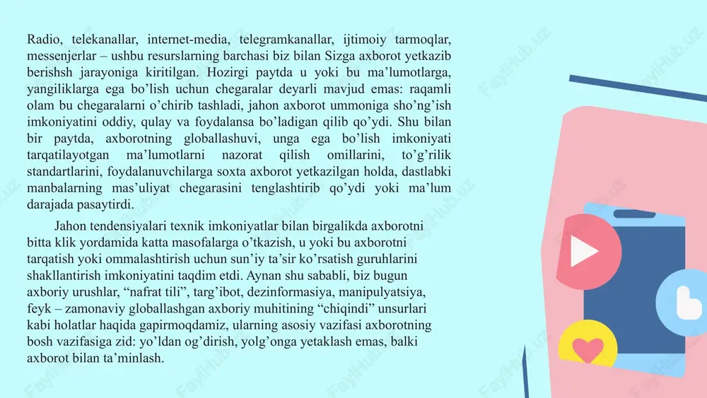 at keng fikrlaydigan, bu buzg`unchi, xavfli ofatning mohiyatini anglayoladigan odamlargina tushunib etadilar. 2. ijtimoiy mediada taxdidi bugun insoniyatga bo`layotgan tahdidlarning eng xatarlisi harbiy yoki iqtisodiy tahdidlar emas, balki ma’naviy – mafkuraviy tahdidlardir. zero, inson ma’naviyatini egallashga qaratilgan har qanday mafkura insonni bemalol o`z ta’siriga bo`ysundiraoladi. buni biz uzoqdan emas, yaqin kunlarda mamlakatimiz xavfsizligi va barqarorligiga qilingan turli tahdidlar misolida ham ko`rishimiz mumkin. eng so`nggi tahdid sifatida andijon voqialarini oladigan bo`lsak, buzg`unchi kuchlar turli tuhmat, bo`hton va uydirmalar orqali xalqning fikrini chalg`itishga, ayrim odamlar ma’naviyatini egallab, mamlakatda to`s – to`palon uyushtirish, osoyishta yashayotgan butun bir xalq hayotini izdan chiqarishga harakat qilishdi. glaballashuv jarayonlari jadallashib borayotgan bugungi kunda mafkuraviy, g`oyaviy, ma`naviy tahdidlar mamlakatimiz kelajagi uchun eng katta xavf-xatarlardan biri bo`lib qolmoqda. ilm-fan, texnika yutuqlari rivojlanib borayotgan bugungi kunda bunday tahdidlar yanada xavfliroq bo`lib bormoqda. milliy ma`naviyatga qarshi qaratilgan tahdidlar haqida gapirib prezidentimiz sh.m.mirziyoyev shunday deydilar: “binobarin, ma`naviyatga qarshi qaratilgan har qanday tahdid …