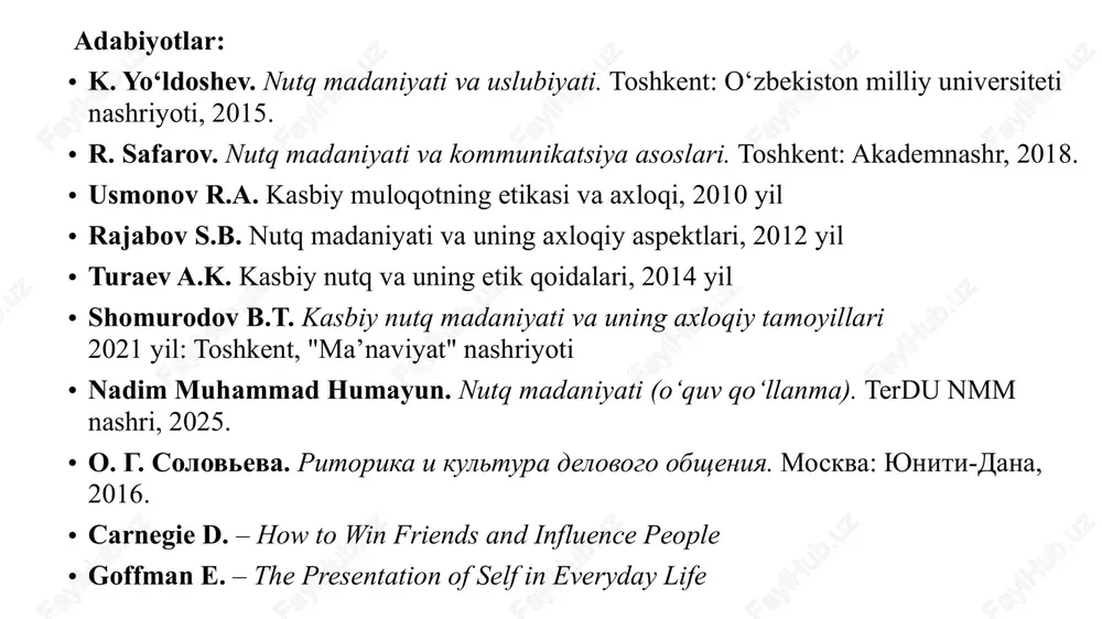 o‘g‘ri emas. balki rost navo ya’ni so‘z tahsinga sazovor. bu baytda rost so‘zlash va haqiqatparast bo‘lish muhimligi ta’kidlangan. navoiy aytmoqchiki, inson chiroyli va shirali gapirishi mumkin, ammo agar u haqiqatni gapirmasa, bu gap hech qanday qiymatga ega emas. haqiqat va samimiyat bo‘lmagan joyda so‘zning mazmuni yo‘qoladi. kasbiy muloqotning asosiy shakllari og‘zaki muloqot – yuzma-yuz suhbatlar, yig‘ilishlar, intervyular, muzokaralar va ishbilarmonlik uchrashuvlari. yozma muloqot – xatlar, hujjatlar, elektron pochta, rasmiy hisobotlar va xizmat yozishmalari. noverbal muloqot – imo-ishoralar, tana tili, mimika, ovoz ohangi va vizual aloqa usullari. kasbiy muloqotning mohiyati va ahamiyati 🔹 axborot almashinuvini ta’minlash – ish jarayonidagi muhim ma’lumotlarni to‘g‘ri yetkazish; 🔹 hamkorlikni rivojlantirish – hamkasblar va ishbilarmon sheriklar bilan mustahkam aloqa o‘rnatish; 🔹 muammolarni hal qilish – kasbiy faoliyatdagi muammolarga muloqot orqali yechim topish; 🔹 ish unumdorligini oshirish – jamoaviy ishlash va samarali boshqaruvni yo‘lga qo‘yish; 🔹 ijobiy imij yaratish – muloqot madaniyati tashkilotning nufuzi va professional imijini …