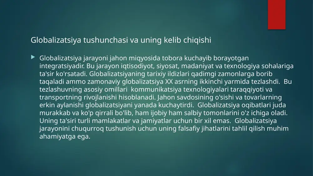 shi zarur. xalqaro hamkorlik va diplomatiya siyosiy beqarorlikni bartaraf etishda muhim rol o'ynaydi. davlatlar o'rtasidagi ishonch va o'zaro hamkorlik siyosiy muammolarni hal qilishga yordam beradi. siyosiy beqarorlikka qarshi kurashish uchun xalqaro tashkilotlarning faoliyati va global hamkorlik juda muhimdir. global muammolar: siyosiy beqarorlik terrorizm global miqyosda jiddiy xavf tug'diradigan muammo hisoblanadi. terroristik hujumlar insonlarning hayotiga tahdid soladi va ijtimoiy notinchliklarni keltirib chiqaradi. terrorizmga qarshi kurashish uchun xalqaro hamkorlik va qo'shma sa'y-harakatlar juda muhimdir. terrorizmning ildizlari iqtisodiy tengsizlik, siyosiy zulm va ijtimoiy adolatsizlikda yotadi. shu sababli, terrorizmga qarshi kurashda bu muammolarni hal qilishga e'tibor qaratish kerak. ta'lim va madaniyat orqali odamlarning ongiga ta'sir o'tkazish ham muhimdir. terrorizmga qarshi kurashda xalqaro hamkorlik va xavfsizlik kuchlarining birgalikdagi harakatlari zarurdir. global muammolar: terrorizm globallashuv madaniyatlararo aloqalarni kuchaytiradi va madaniy almashinuvni tezlashtiradi. bu jarayon ijobiy va salbiy tomonlarga ega. madaniy xilma-xillikni saqlash va madaniy identifikatsiyani himoya qilish muhimdir. globalizatsiya madaniy homogenizatsiya xavfini tug'dirishi mumkin. turli madaniyatlarning …