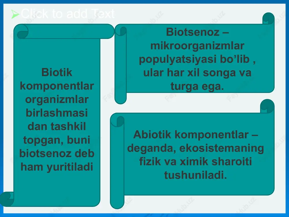 suv mikroflorasi (autoxton) tarkibi tuproq mikroflorasiga o’xshash, undan tashqari suvda har xil vibrionlar, spirillalar, temir - va oltingugurt bakteriyalari, nurlanadigan bakteriyalar, psevdomanadalar, mikrokokklar yashaydi suv mikroflorasi suvda organizmlarning koʼpayishini saprobligi bilan yaʼni ifloslanganlik darajasi bilan belgilanadi. polisaprob zona - juda ifloslangan suv, kam kislorod saqlagan va organik birikmalarga boy, bakteriyalarning soni 1 ml da 1.000.000 ga yetadi, ko’proq anaeroblar bo’ladi. mezosoprob zona - suv urtacha ifloslangan. organik moddalarni tez mineralizatsiyasi mustakil floralar tomonidan amalga oshiriladi, oligosaprob zona - toza suv zonasi, unda organik birikmalar kariyib yuk, minerallash jarayoni tugagan, suv normal mikroflorasi xar xil vakillari bor bulib, 1 ml suvda bir necha yuzdan bir necha minggacha bakteriyalar aniklanadi. suvning sanitariya holati quyidagilar bilan belgilanadi mikroorganizmlarning umumiy soni – 1ml suvdagi mezofil xemototrof bakteriyalarning umumiy soni suvning koli-titri -bitta ichak tayoqchasi topilgan suvning eng kam miqdori. suvning koli indeksi -1 litr suvda topilgan ichak tayoqchasini soni oziq ovqat va boshqa mahsulotlar …