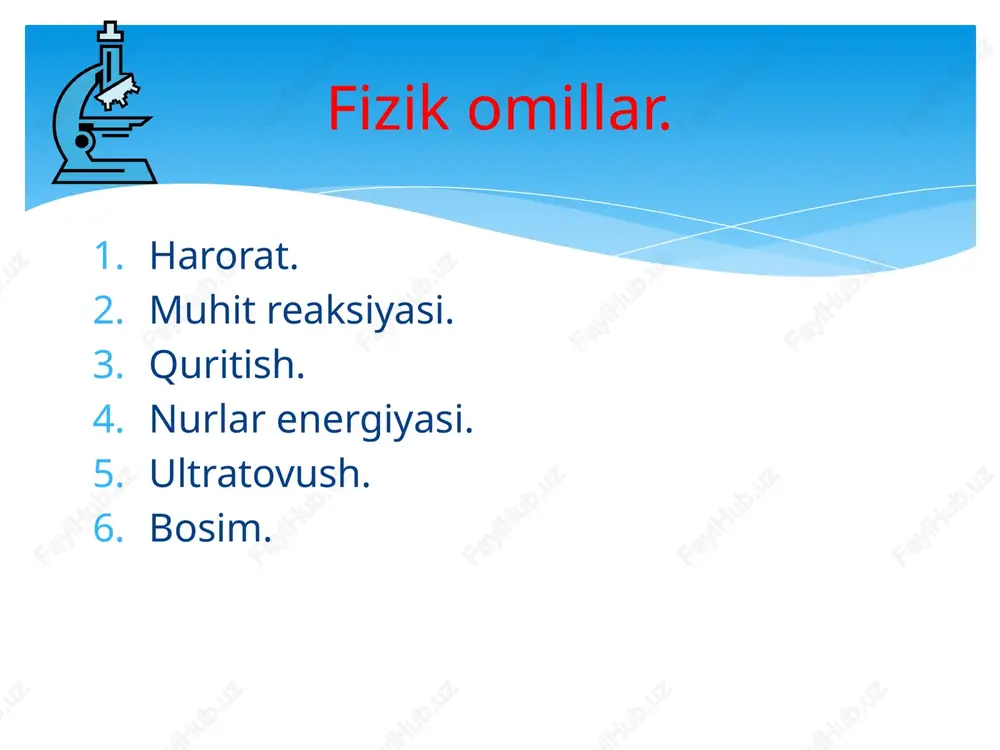 nchi mikroorganizmning rivojlanishini quvvatlashi. sinergizm- bir necha mikroblarning birgalikda fiziologik funksiyasini kuchayishi. bevosita zararli ta`sir etuvchi omillar yordamida odam biotoplari va tashqi muhit obyektlaridan mikroorganizmlarni to`liq yoki qisman yo`q qilish nikrob dekontaminatsiya deb ataladi. tashqi muhit obyektlari va tirik organizmlar mikroblari dekontaminatsiyasi farq qilinadi. birinchisiga sterillash va dezinfeksiya kiradi. sterillash- odamlar foydalanadiga narsalarni fizik va kimyoviy usullar yordamida hamma turdagi mikroorganizmlardan to`liq halos qilish. sterillashning asosiy maqsadi tibbiy muolajalarda odam organizmiga mikrob tushishini oldini olishdir. mikroblarga qarshi kurash chora-tadbirlari dezinfeksiya- fizik va kimyoviy usullar yordamida tashqi muhit obyektlaridan odam uchun patogen mikroorganizmlarning vegetativ va spora shakllarini yo`q qilish . dezinfeksiyaning asosiy maqsadi kasal organizmda sog`lom organizmga patogen mikroblarni tashqi muhit obyektlari orqali o`tishini oldini olish. dezinfeksiyaning yana ikki turi tafovutlanadi: dezinseksiya- kasalik qo`zg`atuvchilarni tashuvchilar (pashsha, bit, kana, chivin) yo`qotish. deratizatsiya- mikrob tashuvchi hisoblangan kemiruvchilarga (sichqon, kalamush va h.z)ga qarshi kurashish. dezinfeksiya aseptika – atrof muhitdagi mikroorganizmlarning odam organizmiga davolash yoki …