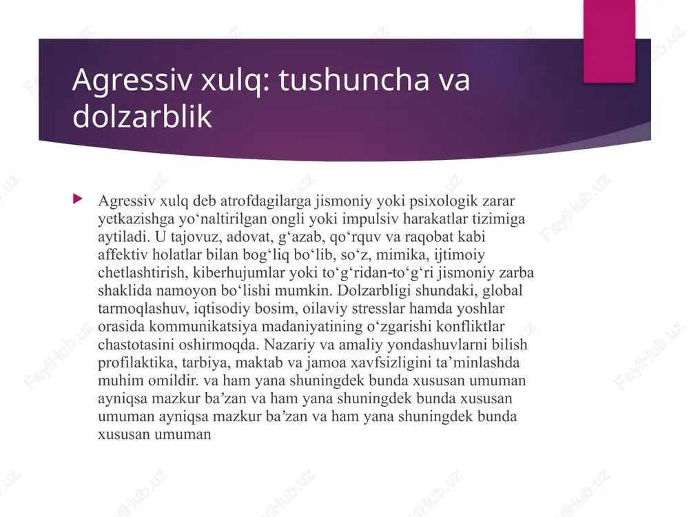 agressiyani kuchaytiruvchi triggerlar bir necha toifada: situatsion adolatsizlik hissi, provokatsion xabarlar, tahqirlovchi mimika, resurslar taqchilligi, olomon effekti, issiq ob‑havo, spirtli ichimliklar va psixoaktiv moddalardan foydalanish. shaxsiy risk omillar: impulsivlik, past frustratsiya bardoshi, o‘z‑o‘zini baholashdagi o‘ta o‘zgaruvchanlik, ijtimoiy ko‘nikmalar tanqisligi. kontekstual risklar: oilaviy zo‘ravonlik, nazoratning noizchil uslubi, maktabdagi stigmatizatsiya, bandlik va iqtisodiy beqarorlik. himoya omillari sifatida qo‘llab‑quvvatlovchi tarmoq, ijobiy muloqot, maqsadli sport, san’at faoliyati va stressni boshqarish ko‘nikmalari tilga olinadi. va ham yana shuningdek bunda xususan umuman ayniqsa mazkur baʼzan va ham yana shuningdek bunda xususan umuman ayniqsa mazkur baʼzan va ham yana shuningdek bunda xususan umuman ayniqsa mazkur baʼzan va agressiyaning ko‘rinishlari: ochiq va yashirin ochiq agressiya jismoniy zarba, haqorat, ochiq tahdidlar orqali ifodalanadi; darhol ko‘rinadi va tez eskalatsiya qiladi. yashirin agressiya esa ijtimoiy chetlash­tirish, mish‑mish tarqatish, passiv‑agressiv izohlar, sabotaj, manipulyativ sukut va kiberbulling kabi shakllarda kechadi. instrumental agressiyada maqsad tashqi foyda bo‘lsa, reaktiv agressiya kuchli affekt va sezilgan tahdidga …