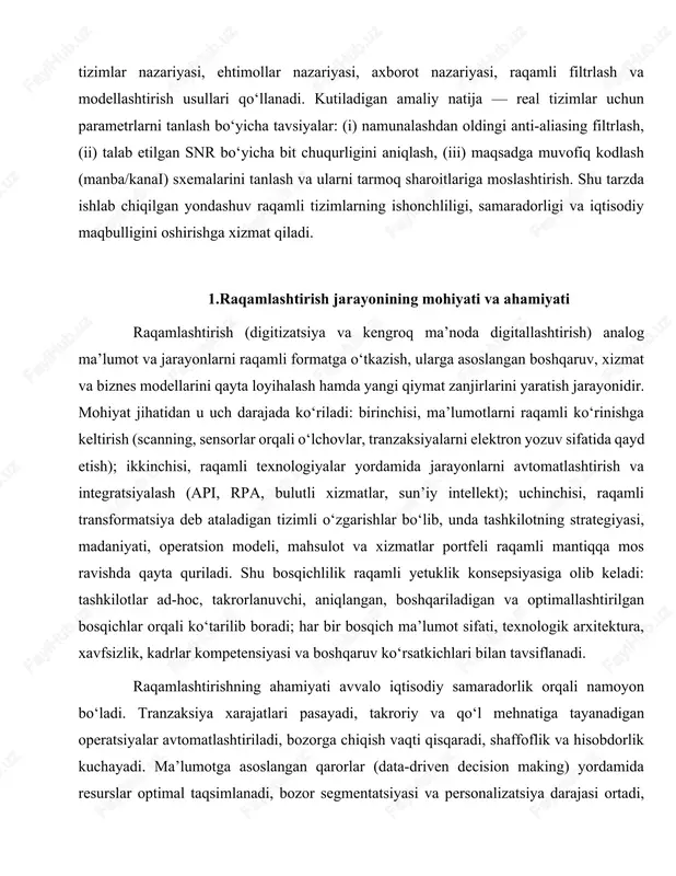 -hoc, takrorlanuvchi, aniqlangan, boshqariladigan va optimallashtirilgan bosqichlar orqali ko‘tarilib boradi; har bir bosqich ma’lumot sifati, texnologik arxitektura, xavfsizlik, kadrlar kompetensiyasi va boshqaruv ko‘rsatkichlari bilan tavsiflanadi. raqamlashtirishning ahamiyati avvalo iqtisodiy samaradorlik orqali namoyon bo‘ladi. tranzaksiya xarajatlari pasayadi, takroriy va qo‘l mehnatiga tayanadigan operatsiyalar avtomatlashtiriladi, bozorga chiqish vaqti qisqaradi, shaffoflik va hisobdorlik kuchayadi. ma’lumotga asoslangan qarorlar (data-driven decision making) yordamida resurslar optimal taqsimlanadi, bozor segmentatsiyasi va personalizatsiya darajasi ortadi, mijoz tajribasi yaxshilanadi. innovatsion platformalar va ekotizimlar orqali hamkorlik kengayadi, bu esa yangiliklar aylanish tezligini oshiradi. shu bilan birga, raqamli iqtisodiyotda intellektual mulk, ma’lumotlar monetizatsiyasi, ochiq apilar orqali xizmatlarni “lego” uslubida yig‘ish imkoniyatlari paydo bo‘ladi; bu yangi daromad oqimlari va barqaror biznes modellarini shakllantirishga xizmat qiladi. ijtimoiy sohada raqamlashtirish inkluzivlik va adolatli imkoniyatlar yaratish bilan ahamiyatlidir. masofaviy ta’lim va telemeditsina geografik to‘siqlarni kamaytiradi, nogironligi bo‘lgan shaxslar uchun moslashtirilgan interfeyslar va yordamchi texnologiyalar hayotni yengillashtiradi. raqamli identifikatsiya va elektron hamyonlar moliyaviy inklyuziyani kuchaytiradi, kichik …