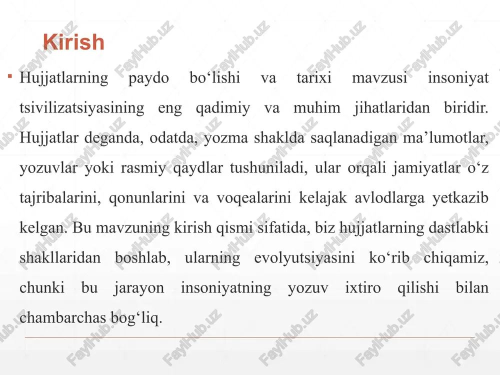 alan, qirollik xartiyalarida oltin muhrlar boʻlgan. sharq madaniyatida, xususan, movarounnahrda hujjat madaniyatining shakllanishi sharq madaniyatida hujjat madaniyati islom davrida rivojlangan, unda arab yozuvi pergament va qogʻozda ishlatilgan. movarounnahrda (markaziy osiyo) viii-x asrlarda islomiy olimlar tomonidan hujjatlar shakllangan, masalan, al-xorazmiy va al-beruniyning ilmiy asarlari. bu hududda sufiy taʼlimotlari va qoʻlyozmalar keng tarqalgan, unda diniy va adabiy hujjatlar boʻlgan. movarounnahrning hujjat madaniyati turk va fors tillarida rivojlangan, masalan, timuriylar davrida saroy hujjatlari. bu anʼanalar savdo va diplomatiyani rivojlantirgan. turkiston hududida hujjatchilik an’analari (xonlik davrida) turkiston hududida hujjatchilik an'analari qadimiy va boy bo'lib, xonlik davrida (15-19-asrlar) yuqori darajada rivojlangan. kokon, buxoro va xiva xonliklarida hujjatlar davlat boshqaruvining asosi bo'lgan. xonlik saroylarida maxsus divonlar (idora) mavjud bo'lgan, unda farmonlar, shartnomalar va soliq registrlari yozilgan. hujjatlar arab va fors tillarida, chag'atoy turkiyda tuzilgan, muhr va guvohlar bilan tasdiqlangan. turkiston hududida hujjatchilik an’analari (mustamlaka davrida) mustamlaka davrida (1860-1917-yillar) rossiya imperiyasi turkistonni bosib olgach, hujjatchilik an'analari o'zgardi. …
