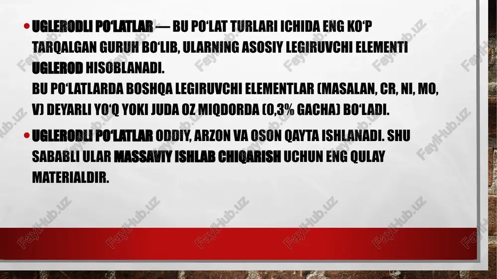 nuvchan bo‘lishi mumkin xulosa uglerodli po‘latlar — bu po‘latlarning eng keng tarqalgan turi bo‘lib, ularning asosiy tarkibi temir va ugleroddan iborat. po‘lat tarkibidagi uglerod miqdori uning mexanik va texnologik xususiyatlarini belgilaydi: uglerod ko‘paygani sari po‘lat mustahkam va qattiq bo‘ladi, ammo egiluvchanligi kamayadi. uglerodli po‘latlar kam, o‘rta va yuqori uglerodli turlarga bo‘linadi. har biri o‘ziga xos xususiyatlarga ega bo‘lib, sanoatning turli sohalarida — qurilishda, mashinasozlikda, asbobsozlikda va boshqa ko‘plab yo‘nalishlarda keng qo‘llaniladi. shuningdek, po‘latlarning markalanishi ularning tarkibi va sifatini aniqlash imkonini beradi (masalan: st3, 45, u8). bu esa metall tanlash va ishlov berish jarayonida muhim ahamiyat kasb etadi. umuman olganda, uglerodli po‘latlar texnika va sanoat taraqqiyotining asosiy materiali bo‘lib, ularni to‘g‘ri tanlash va ishlatish ishlab chiqarish samaradorligini oshiradi hamda iqtisodiy foyda keltiradi. foydalanilgan adabiyotlar. karimov i.a. “materialshunoslik asoslari”, toshkent, 2018. abdullayev m.k. “metallshunoslik”, toshkent, 2020. gost 380–2005 – uglerodli oddiy sifatli po‘latlar. www.metallovedenie.info wikipedia – “carbon steel” maqolasi. e’tiboringiz uchun rahmat! …