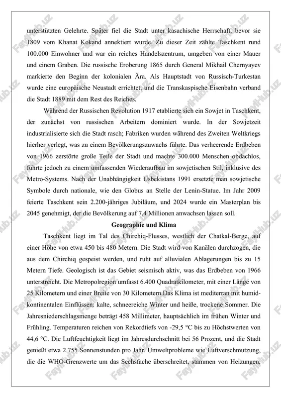 iefe. geologisch ist das gebiet seismisch aktiv, was das erdbeben von 1966 unterstreicht. die metropolregion umfasst 6.400 quadratkilometer, mit einer länge von 25 kilometern und einer breite von 30 kilometern.das klima ist mediterran mit humid-kontinentalen einflüssen: kalte, schneereiche winter und heiße, trockene sommer. die jahresniederschlagsmenge beträgt 458 millimeter, hauptsächlich im frühen winter und frühling. temperaturen reichen von rekordtiefs von -29,5 °c bis zu höchstwerten von 44,6 °c. die luftfeuchtigkeit liegt im jahresdurchschnitt bei 56 prozent, und die stadt genießt etwa 2.755 sonnenstunden pro jahr. umweltprobleme wie luftverschmutzung, die die who-grenzwerte um das sechsfache überschreitet, stammen von heizungen, verkehr und industrie. beispielsweise verursachen 631 heizkomplexe, von denen 60 prozent kohle oder reifen verbrennen, erhebliche emissionen. bevölkerung und demographie mit einer bevölkerung von über 3 millionen im jahr 2024 ist taschkent die größte stadt zentralasiens. die dichte beträgt 4.816 einwohner pro quadratkilometer in der kernstadt. historisch wuchs die population von 155.673 im …