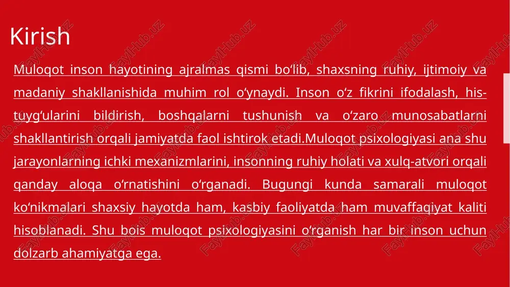 di. idrok – muloqotning birinchi bosqichi bo'lib, u boshqa shaxsning signallarini qabul qilish va talqin qilishdan iborat. psixologik nuqtai nazardan, idrok subyektiv bo'lib, shaxsning oldingi tajribasi, stereotiplari va emotsional holatiga bog'liq. masalan, agar odam salbiy tajribaga ega bo'lsa, u boshqaning ijobiy so'zlarini ham salbiy talqin qilishi mumkin. muloqot jarayonining psixologik mexanizmlari muloqot psixologiyasi № yo‘nalish mazmuni ahamiyati 1 muloqot tushunchasi shaxslar o‘rtasida axborot, fikr, hissiyot almashinuvi jarayoni inson munosabatlarini shakllantiradi 2 verbal muloqot so‘z orqali fikr almashish (nutq, suhbat, intervyu) fikrni aniq ifodalash imkonini beradi 3 noverbal muloqot mimika, imo-ishora, tana holati, ko‘z qarashi orqali aloqa so‘zsiz tushunishni kuchaytiradi 4 muloqot turlari shaxslararo, guruhiy, ijtimoiy, ommaviy jamiyatdagi harakatlarni muvofiqlashtiradi 5 psixologik mexanizmlar idrok, tushunish, empatiya, ta’sir o‘tkazish ruhiy bog‘liqlik va ishonchni mustahkamlaydi 6 muloqotdagi to‘siqlar psixologik (qo‘rquv, ishonchsizlik), emotsional va madaniy farqlar samarali aloqa yo‘liga to‘sqinlik qiladi 7 to‘siqlarni yengish usullari faol tinglash, samimiylik, empatiya, ijobiy fikrlash o‘zaro tushunishni yaxshilaydi …