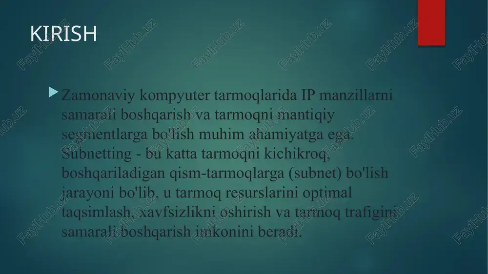 tarmoq qismiga qo'shamiz. qancha ko'p bit qarz olsak, shuncha ko'p subnet yaratamiz, lekin har bir subnetda hostlar soni kamayadi. misol: asl tarmoq: 192.168.1.0/24 (254 host) 1 bit qarz olamiz: /25 (2 subnet, har birida 126 host) 2 bit qarz olamiz: /26 (4 subnet, har birida 62 host) 3 bit qarz olamiz: /27 (8 subnet, har birida 30 host) 2.7 tarmoq turlari va ularning xususiyatlari 2.7.1 classful addressing (sinflarga asoslangan) class a (1.0.0.0 - 126.255.255.255) default mask: /8 (255.0.0.0) tarmoqlar: 126 ta har bir tarmoqdagi hostlar: 16,777,214 birinchi oktet: 0-127 ishlatilishi: juda katta tashkilotlar class b (128.0.0.0 - 191.255.255.255) default mask: /16 (255.255.0.0) tarmoqlar: 16,384 ta har bir tarmoqdagi hostlar: 65,534 birinchi oktet: 128-191 ishlatilishi: o'rta va yirik tashkilotlar class c (192.0.0.0 - 223.255.255.255) default mask: /24 (255.255.255.0) tarmoqlar: 2,097,152 ta har bir tarmoqdagi hostlar: 254 birinchi oktet: 192-223 ishlatilishi: kichik tarmoqlar class d (224.0.0.0 - 239.255.255.255) multicast manzillar uchun subnetting …
