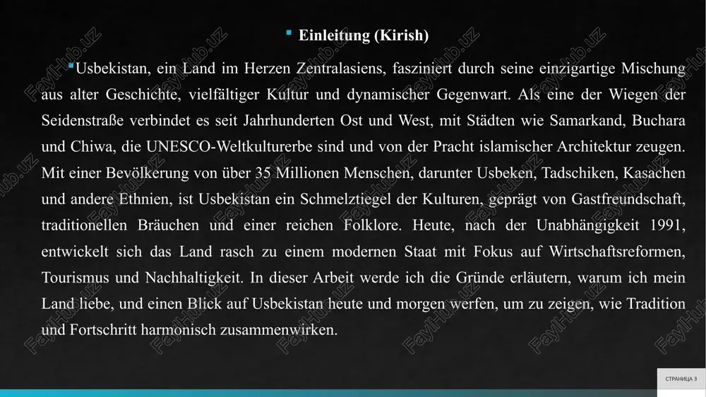 präsident schawkat mirsijojew haben reformen begonnen, die die wirtschaft öffnen und internationale beziehungen stärken. stranitsa 7 kultur und traditionen die kultur usbekistans ist eine mischung aus turkischen, persischen und russischen einflüssen. die offizielle sprache ist usbekisch, eine turksprache, die in lateinischer schrift geschrieben wird. viele menschen sprechen auch russisch, und in den letzten jahren gewinnt englisch an bedeutung in bildung und tourismus. der islam ist die vorherrschende religion, hauptsächlich sunnitisch, und prägt das tägliche leben durch feste wie das ramadan-ende (eid al-fitr) oder das opferfest (eid al-adha). moscheen und madrasas in historischen städten sind unesco-weltkulturerbe und ziehen millionen besucher an.traditionelle kleidung umfasst den chapan, einen bestickten mantel, und für frauen den atlas-stoff mit ikat-mustern. handwerkskunst ist hoch entwickelt: keramik aus rischtan, seidenweberei in margilan und messerarbeit in chiwa sind beispiele für lebendige traditionen. die küche ist herzhaft und vielfältig – plov, ein reisgericht mit lamm und gemüse, ist das nationalgericht …