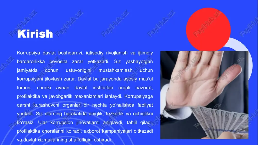 qiy asoslari, tamoyillari, yo‘nalishlari, vakolatli organlar tizimi hamda fuqarolarning ishtiroki belgilab berilgan. 6 korrupsiyaga qarshi davlat siyosatining asosiy prinsiplari o‘zbekiston respublikasida korrupsiyaga qarshi davlat siyosati bir qator asosiy prinsiplarga asoslanadi, bu prinsiplar korrupsiyaga qarshi kurashishning samarali va izchil amalga oshirilishini ta’minlaydi. ushbu prinsiplar “korrupsiyaga qarshi kurashish to‘g‘risida”gi qonunda belgilangan bo‘lib, ular qonuniylik, ochiqlik, javobgarlikning muqarrarligi, korrupsiyaning oldini olishga doir chora-tadbirlarni ustuvorlashtirish va davlat bilan fuqaro’lik jamiyatining hamkorligidan iborat. 8 korrupsiyani oldini olish bo‘yicha milliy dasturlar va strategiyalar o‘zbekiston respublikasida korrupsiyani oldini olish bo‘yicha milliy dasturlar va strategiyalar korrupsiyaga qarshi kurashishning muhim qismi hisoblanadi. ushbu dasturlar va strategiyalar prezident farmonlari, hukumat qarorlari va maxsus agentliklar tomonidan ishlab chiqiladi 9 o‘zbekiston respublikasi korrupsiyaga qarshi kurash agentligi – vakolatlari va asosiy faoliyati o‘zbekiston respublikasi korrupsiyaga qarshi kurash agentligi korrupsiyaga qarshi milliy strategiyani amalga oshirishda markaziy o‘rin tutuvchi maxsus davlat organi hisoblanadi. ushbu agentlikning tashkil etilishi mamlakatda korrupsiyani oldini olish va unga qarshi kurashish …