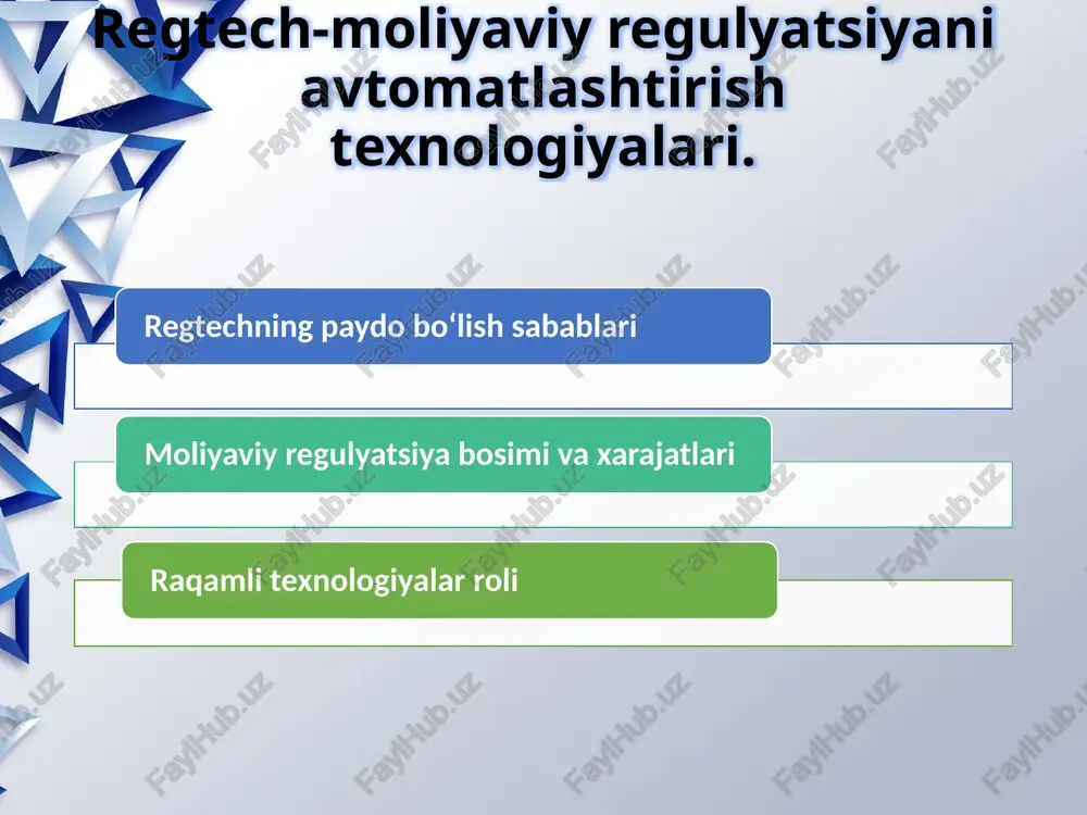 blarga muvofiqlikni ta’minlash uchun mo‘ljallangan. masalan, banklar va sug‘urta kompaniyalari kundalik tranzaksiyalarni millionlab miqdorda amalga oshiradi, bunda qo‘lda nazorat qilish deyarli imkonsiz bo‘lib qoladi. risklarni aniqlash va baholash algoritmlari risklarni aniqlash va baholash algoritmlari regtechning markaziy elementi bo‘lib, moliyaviy institutlarning barqarorligini ta’minlaydi. bu algoritmlar katta hajmdagi ma’lumotlarni (big data) tahlil qilib, potentsial xavflarni baholaydi va ularning ehtimolligini hisoblaydi. an’anaviy usullarda risk baholash statistik modellarga asoslangan bo‘lsa, zamonaviy algoritmlar sun’iy intellekt, neyron tarmoqlar va prediktiv analitikadan foydalanadi.algoritmlarning ish jarayoni bir necha bosqichdan iborat identifikatsiya va verifikatsiya texnologiyalari identifikatsiya va verifikatsiya texnologiyalari regtechning mijozlar bilan ishlashdagi asosiy yo‘nalishi bo‘lib, kyc (know your customer) va kyb (know your business) jarayonlarini raqamlashtiradi. bu texnologiyalar biometrika, ai va blokcheyn orqali shaxsni tasdiqlaydi va firibgarlikni oldini oladi.jarayon bosqichlari: birinchidan, identifikatsiya – pasport, id karta yoki selfie orqali ma’lumotlar yig‘iladi. ikkinchidan, verifikatsiya – ma’lumotlar davlat bazalari, kredit byurolari bilan solishtiriladi. firibgarlikni aniqlashda ai imkoniyatlari firibgarlikni aniqlash regtechning …