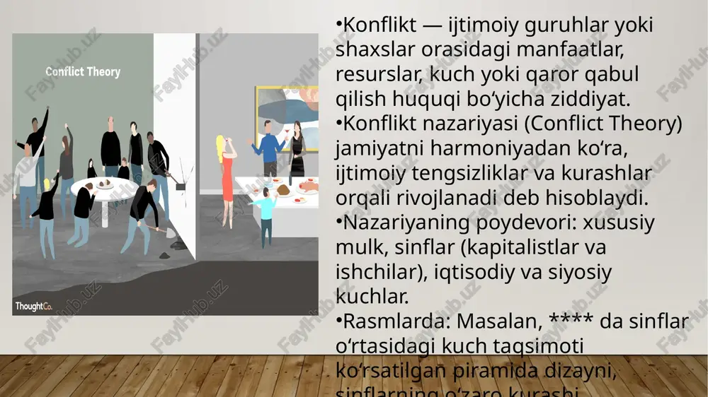 rtasidagi farq katta. daromad, boylik va imkoniyatlarning noteng taqsimlanishi jamiyatda kuchli ijtimoiy tarangliklar, norozilik va siyosiy bo‘linishlarga olib keladi. globalizatsiya, shov-shuv (tashqi ta’sir), va resurslar uchun kurash global iqtisodiy tizimda kuchli mamlakatlar va korporatsiyalar kichik va kam rivojlangan mamlakatlarga nisbatan ko‘proq resurslar va iqtisodiy imkoniyatlarga ega. bu resurslar, kapital, ishchi kuchi bo‘yicha adolatsizliklar paydo bo‘ladi. iqlim o‘zgarishlari (environmental justice) — atrof‑muhit zarariga qarshi kurash, resurslar, suv, toza havo kabi muammolar ko‘proq ta’siri kamroq kuchga ega guruhlarda. siyosiy bo‘linish (polarizatsiya), axborot va kommunikatsiya konfliktisiyosiy guruhlar orasida polarizatsiya, identitet siyosati (identity politics), jamiyatda “biz va ular” tusini olib kiradi. bu bo‘linish ko‘pincha siyosiy, diniy yoki milliy identitetga asoslangan. zamonaviy konflikt sotsiologiyasi jamiyatdagi turli ijtimoiy ziddiyatlarni, jumladan, jins, irq, etnik, iqtisodiy va siyosiy farqlarni chuqur o‘rganadi. konfliktlar endi faqat sinflar o‘rtasida emas, balki madaniy va identitet asosida ham yuzaga keladi. bu ziddiyatlar jamiyatdagi adolatsizlik va kuch taqsimotidagi notengliklardan kelib chiqadi. konflikt ijtimoiy o‘zgarishlarga …
