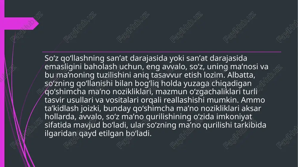 ib borishini aniq ifodalash uchun: zebixon bilan kelgan boshqa qizlar ham bir-biridan yaxshi, bir-biridan soz, bir-biridan ochiq, bir-biridan quvnoq...(cho‘lpon) salbiy belgining kuchayib borishini ifodalash uchun: xo‘sh, mingboshining o‘zi odamlar aytganiday juda xunuk va badbashara odammi? (cho‘lpon) kontekstual ma’nodoshlik. katta mahoratli yozuvchilarning badiiy til borasidagi ustunliklaridan biri shundaki, ular faqat tilda mavjud bo‘lgan, tayyor ma’nodosh so‘zlardangina foydalanib qolmasdan, badiiy tasvir ehtiyojiga ko‘ra ma’nodosh bo‘lmagan so‘zlarni ham shunday qo‘llaydilarki, bu so‘zlar ham matnda xuddi ma’nodosh so‘zlar kabi idrok etiladi. masalan: kechagina qarg‘ab, so‘kib, «o‘ldirsam!» deb yurgan kundoshini o‘pib, quchoqlab, silab-siypab bir nafasda ikkalasi «qalin do‘st» bo‘lgan emishlar. (cho‘lpon) frazeologik ma’nodoshlik. voqelikni obrazli tasvirlashda, uni kitobxon ko‘zi o‘ngida aniq va to‘la gavdalantirishda frazeologik iboralarning ma’nodoshligidan keng foydalaniladi. toqati toq bo‘lmoq – sabr kosasi to‘lmoq, burni ko‘tarilmoq – dimog‘i shishmoq, yaxshi ko‘rmoq – ko‘ngil bermoq, ikki oyog‘ini bir etikka tiqmoq – oyoq tirab olmoq, og‘ziga tolqon solmoq – mum tishlamoq kabilar frazeologik ma’nodoshlikka misol …