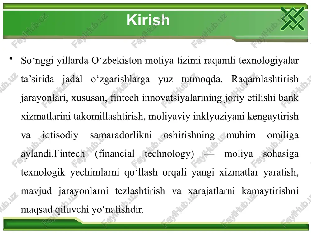 redit olish, hisobvaraqlarini boshqarish va to‘lovlarni amalga oshirish imkoniyatiga ega bo‘ldi, bu esa an’anaviy filiallar tizimiga bog‘liqlikni kamaytirdi. to‘lov tizimlarida fintech yechimlarining qo‘llanilishi xalqaro integratsiya va hamkorliklar: fintech kompaniyalari xalqaro banklar bilan strategik sherikliklarni rivojlantirmoqdalar. masalan, click halyk bank bilan hamkorlikda 20 million foydalanuvchiga xizmat ko‘rsatmoqda, bu esa transchegaraviy to‘lovlarni soddalashtirdi. atmos tizimi mahalliy va xalqaro kartalarni qo‘llab-quvvatlab, xavfsizlikni ta’minlaydi va fintech bozorida raqobatni kuchaytiradi. moliya tizimida fintechni joriy etishdagi asosiy muammolar moliyaviy resurslar va investitsiyalarning yetishmasligi: fintech startaplari uchun kapital jalb qilish qiyin, chunki mintaqaviy investorlar soni cheklangan. 2025-yilda osiyo fintech investitsiyalari qisqargan bo‘lsa-da, uzum kabi misollar umid beradi, ammo kichik loyihalar uchun grantlar va inkubatorlar kerak. . fintech innovatsiyalarini rivojlantirish istiqbollari va takliflar fintech sohasi zamonaviy iqtisodiyotning eng dinamik va transformatsion yo‘nalishlaridan biri sifatida o‘zbekistonda katta istiqbolga ega. mamlakatning yosh aholisi, raqamli texnologiyalarga o‘tishdagi tez sur’atlar va xalqaro investitsiyalarning o‘sishi bu sohani yanada rivojlantirish uchun qulay zamin yaratmoqda. …