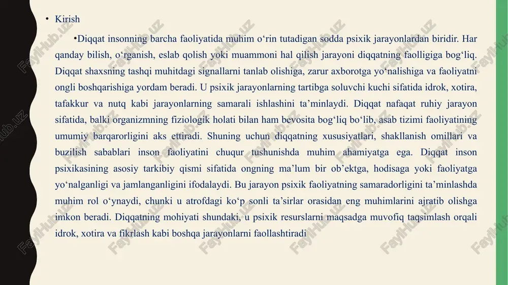 atning ma’lum bir ob’ektga qaratilganligini bildiradi. jamlanish esa diqqatning chuqurligi va intensivligini ko‘rsatadi. tanlab olish atrofdagi ko‘p ta’sirlardan eng muhimini ajratishdir. musiqa kontsertida tinglovchi diqqatini faqat orkestrga qaratsa, zalning shovqini yoki yonidagi odamlarning harakati uning ongiga kirmaydi. bu tanlab olish belgisi diqqatning samarali filtr vazifasini bajarishini namoyon qiladi. diqqatning xususiyatlari. barqarorlik diqqatning barqarorligi uning uzoq vaqt davomida bir ob’ektda saqlanish qobiliyatidir. bu xususiyat psixik charchoqqa qarshilik ko‘rsatish va samaradorlikni saqlashda muhim. barqaror diqqat professional faoliyatda zarur: olim tajriba o‘tkazayotganda soatlab diqqatini asboblar va natijalarga qaratadi. agar barqarorlik past bo‘lsa, xatolar ko‘payadi. talaba uzoq darsda diqqatini doska va o‘qituvchi nutqiga saqlasa, materialni yaxshi o‘zlashtiradi. ammo charchoq yoki tashqi ta’sirlar barqarorlikni pasaytiradi.barqarorlikni oshirish uchun mashqlar va motivatsiya muhim. sportchilar trenirovkaa orqali diqqat barqarorligini rivojlantiradi. o‘qituvchi darsda bolalarning diqqatini saqlash uchun qiziqarli usullardan foydalanadi: rasmlar, savollar. bu barqarorlikni oshiradi. professional hayotda barqarorlik muvaffaqiyat kaliti: muhandis loyihani uzoq vaqt tahlil qilganda, innovatsion yechimlar topadi. …