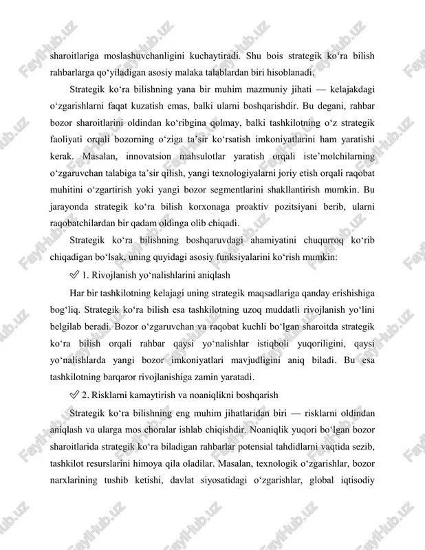 ndan aniqlash va ularga mos choralar ishlab chiqishdir. noaniqlik yuqori bo‘lgan bozor sharoitlarida strategik ko‘ra biladigan rahbarlar potensial tahdidlarni vaqtida sezib, tashkilot resurslarini himoya qila oladilar. masalan, texnologik o‘zgarishlar, bozor narxlarining tushib ketishi, davlat siyosatidagi o‘zgarishlar, global iqtisodiy inqirozlar kabi risklar strategik rejalashtirishni talab qiladi. tashkilot strategik ko‘ra bilish orqali nafaqat risklarga qarshi choralar ko‘radi, balki ularni imkoniyat sifatida ishlatishga ham harakat qiladi. ✅ 3. raqobatbardoshlikni oshirish bugungi bozor sharoitida strategik fikrlashga ega bo‘lgan korxonalar raqobatchilardan ustun keladi. strategik ko‘ra bilish rahbarlarga raqobatning hozirgi holatini, uning rivojlanish tendensiyalarini va bozor talabining o‘zgarishlariga moslashish strategiyalarini aniqlash imkonini beradi. bu jarayonda korxona innovatsion qobiliyatini kuchaytiradi, mahsulot sifatini oshiradi, bozorni kengaytiradi va xaridorlar bilan barqaror aloqa o‘rnatadi. demak, strategik ko‘ra bilish korxonaning raqobatbardosh ustunligini shakllantirishda hal qiluvchi omildir. ✅ 4. resurslardan oqilona foydalanish tashkilotning resurslari har doim cheklangan bo‘ladi. strategik ko‘ra bilish esa ushbu resurslarni eng samarali yo‘nalishga yo‘naltirish imkonini yaratadi. masalan, korxona …