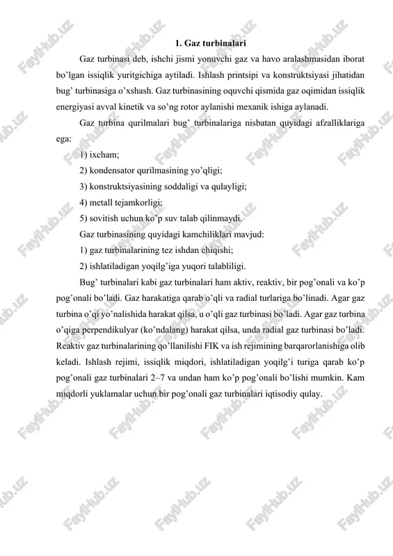 inishi 2–3 izobarasi bilan ifodalanadi. issiqlik olinish natijasida harorat boshlang’ich holatiga keladi (t). haqiqiy jarayonda esa 2–3 chizig’i turbinadan gazning atmosferaga chiqarib yuborilishidagi sovishini bildiradi. termodinamik tsiklning termik f.i.k.: 1 = (q1–q2) /q1 = i0/q1 bu yerda: q1–keltirilgan issiqlik miqdori; q2–olingan issiqlik miqdori; i0–olingan foydali ish. foydali ish turbina va kompressor izoentropik ishlari farqiga teng: i0 = i0t – i0k kompressorda izoentropik siqilish 3–4–a–v yuza bilan belgilanadi va tsikl boshidagi hamda oxiridagi entalpiyalar farqi bilan ifodalanishi mumkin: lok=i4 – i3 = cp(t4 – t3) bu yerda: cp – o’zgarmas bosimdagi gazning issiqlik sig’imi; i4–i3 – shakldagi siqilish boshidagi va oxiridagi entolpiya; t4–t3 – 3–4 nuqtadagi absolyut harorat. turbinada gazning izoentropik kengayishi p-v diagrammada a–1–2–v yuza bilan belgilanadi hamda kengayishi boshi va oxiridagi entalpiya farqi bilan ifodalanishi mumkin: lok= i1 – i2 = cv(t1 – t2) bu yerda: cv – o’zgarmas hajimdagi gazning issiqlik sig’imi; i1–i’2 – kengayish boshi va oxiridagi …