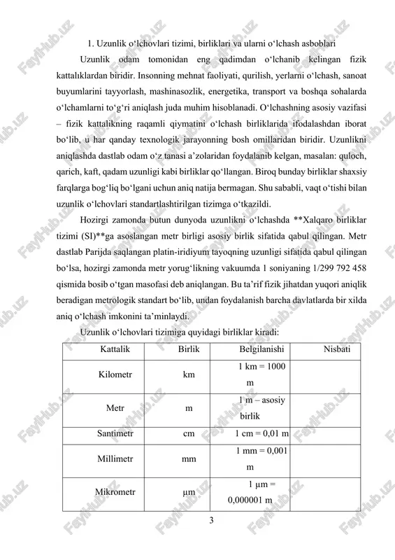 n solishtirish va uning aniqlik kelasini tasdiqlash jarayonidir. kalibrlangan asboblar o‘lchashda ishonchli natija beradi va sifat nazoratining to‘g‘ri olib borilishini kafolatlaydi. kalibrlanmagan asbob esa xatolikni oshirib, detallar o‘lchamlarining dopuskdan chiqishiga sabab bo‘lishi mumkin. uzunlik o‘lchovlari tizimi mashinasozlikda, qurilishda, ilmiy izlanishlarda va texnik nazoratda muhim o‘rin tutadi. o‘lchov birliklarining standartlashtirilgan bo‘lishi global texnologik integratsiyani ta’minlaydi. o‘lchov asboblarining to‘g‘ri tanlanishi, ulardan to‘g‘ri foydalanish va kalibrlash esa o‘lchash natijalari ishonchliligini oshiradi. bu esa o‘z navbatida, ishlab chiqarilayotgan buyumlarning sifatini ta’minlaydi va mexanizmlarning ishonchli ishlashi uchun zamin yaratadi. 2. burchak o‘lchovlari, gradus, radian va gon tizimlari hamda aniqlash usullari burchak – bu ikki to‘g‘ri chiziqning yoki tekislikdagi ikki yo‘nalishning umumiy boshlanish nuqtasidan ajralib chiqish holati bilan aniqlanadigan geometrik kattalikdir. burchak o‘lchash insoniyat tarixida qadimdan muhim ahamiyatga ega bo‘lgan, chunki yer o‘lchash, qurilish, astronomiya, optika, navigatsiya, mexanika va mashinasozlik sohalarida burchaklarni to‘g‘ri o‘lchash orqali aniq natijalarga erishish mumkin. zamonaviy muhandislikda burchak o‘lchovlari nafaqat geometrik shakllarni …